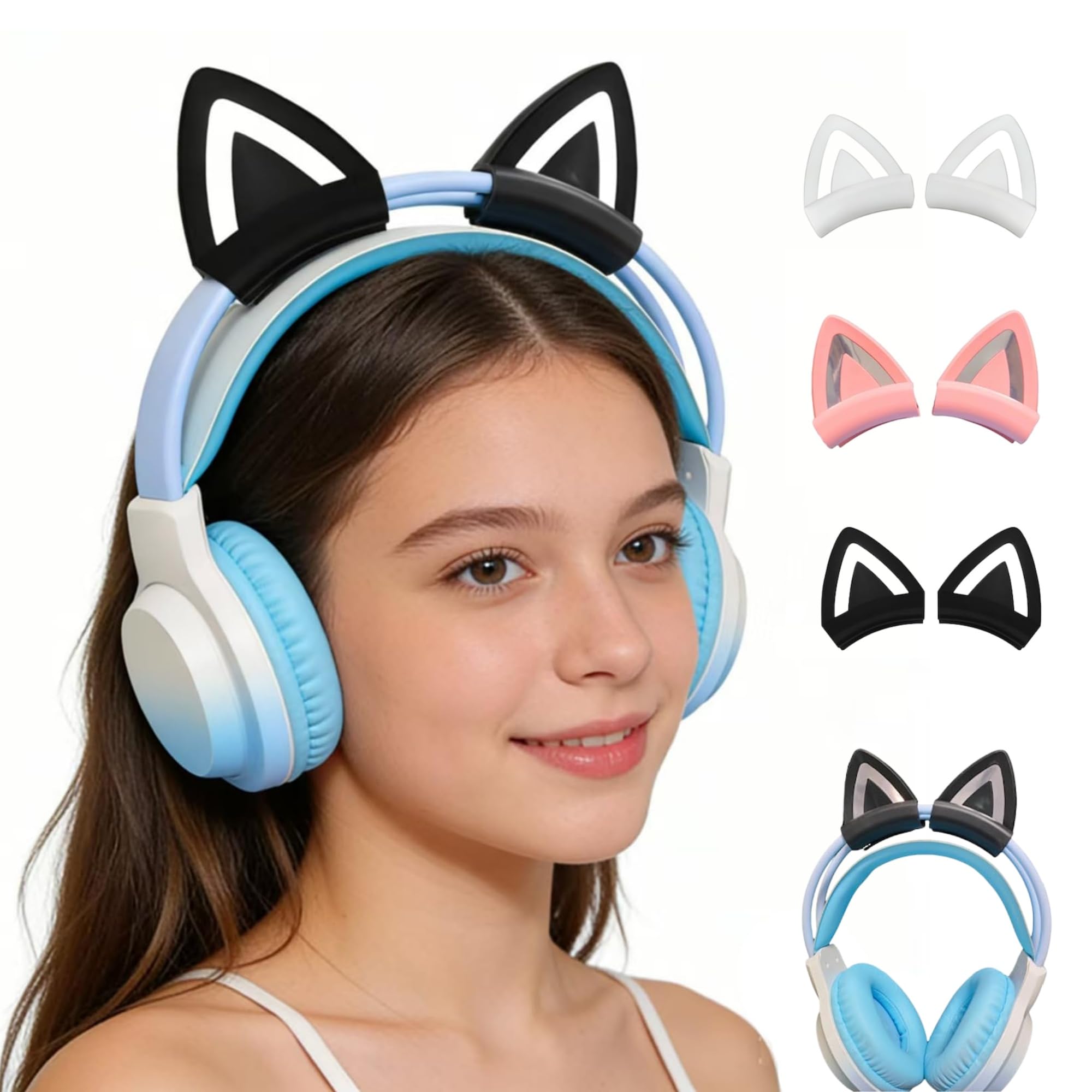 Katzenohren für Headset, Universal Headset Ohren Aufsatz, Süße Kitty Ohren Dekoration mit Verstellbarem Silikonband, Kopfhörer Katzenohren für 2,8–3,5 cm Umfang (schwarz, Katzenohren)