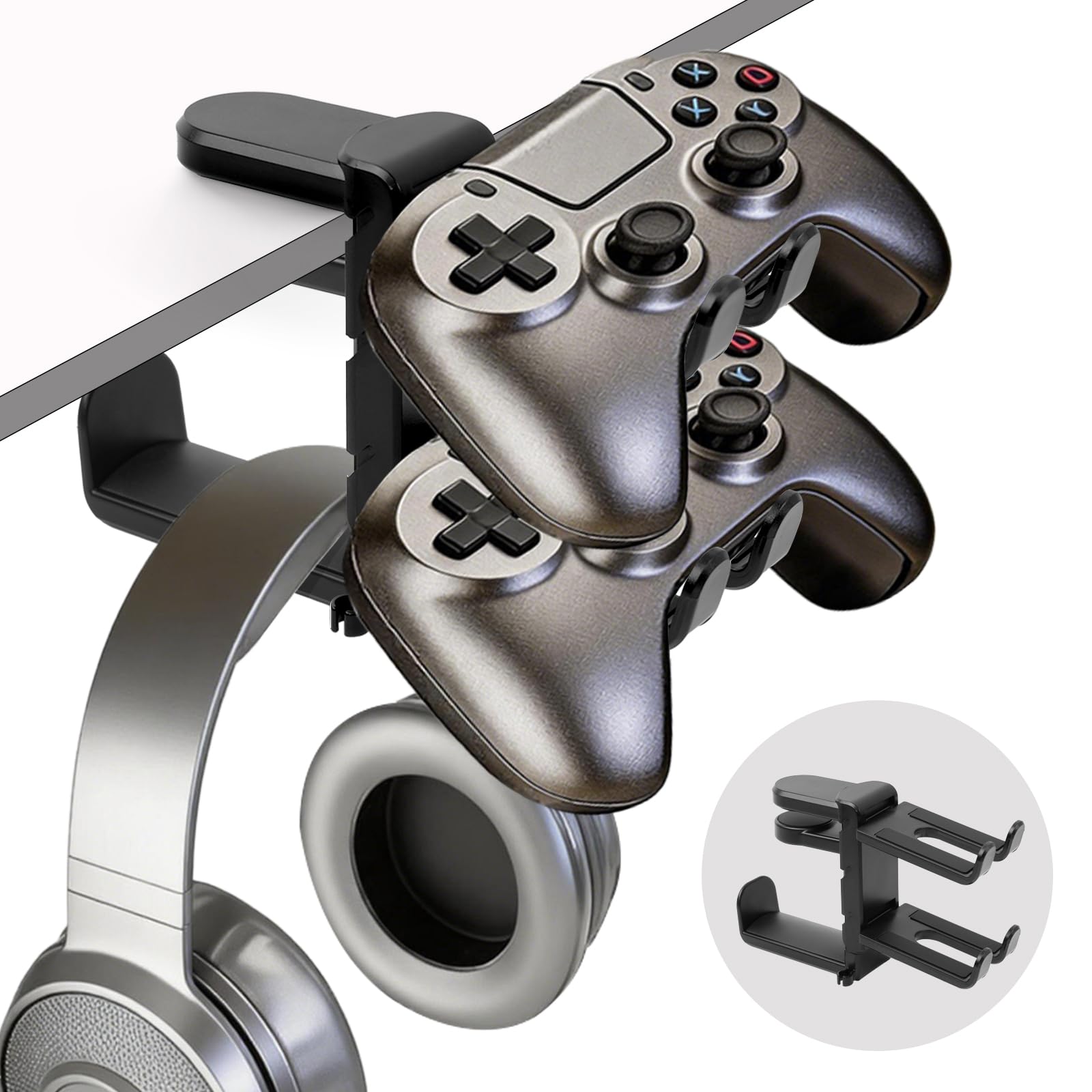 Headset und Controller Halterung Schreibtisch, Headset Halterung Tisch 360° Drehbar, Kopfhörer Halterung Verstellbare, Kopfhörerständer Untertisch, Universal Headphone Stand, Gaming Zubehör
