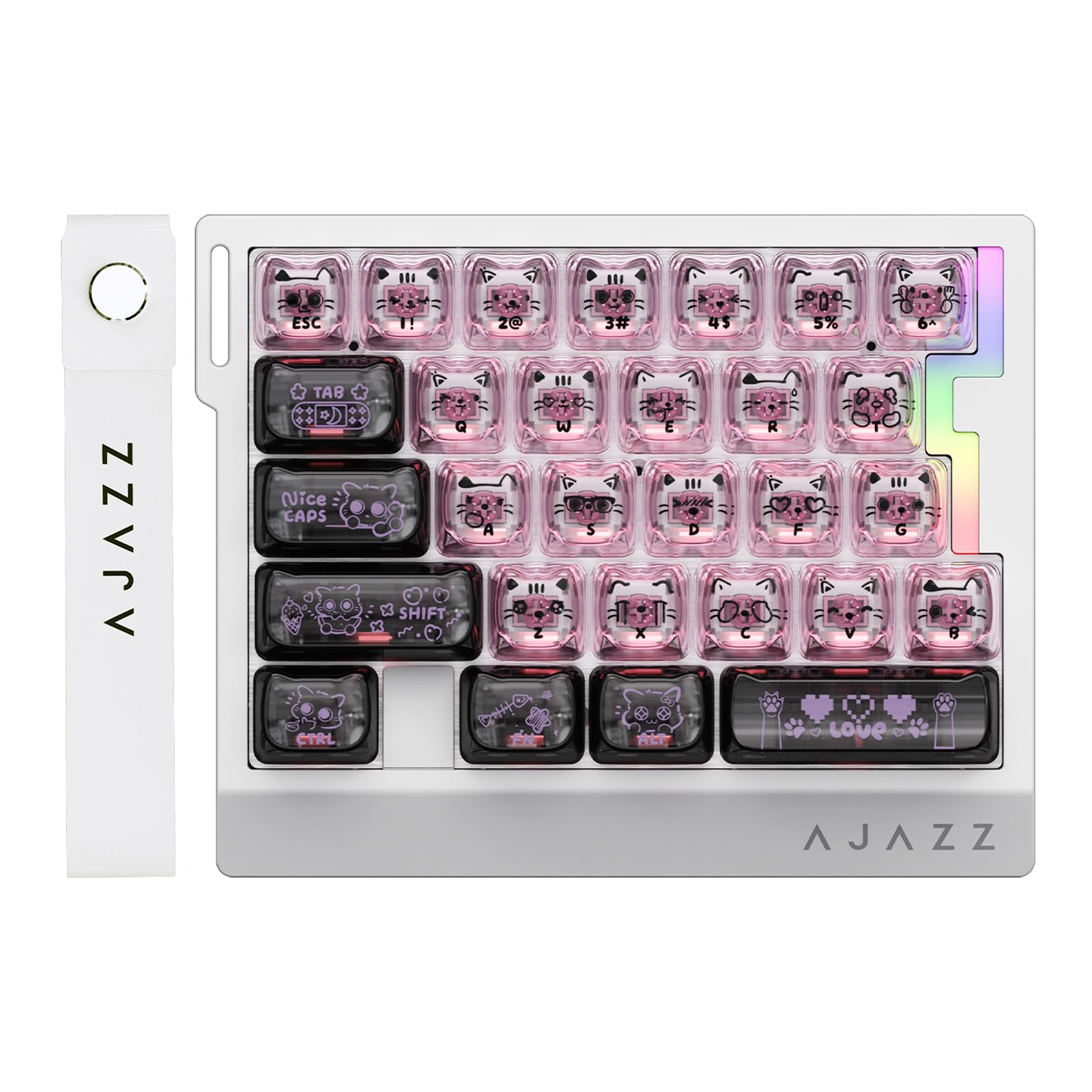 AJAZZ AK029 Wired One-Handed Mechanical Keyboard, 29 Keys Hot-Swappable Mini Gaming Keyboard with Clear Cat Pattern Keycaps, RGB Lighting, Anti-Ghosting, Five-Layer Sound Insulation Pad, Black Pink