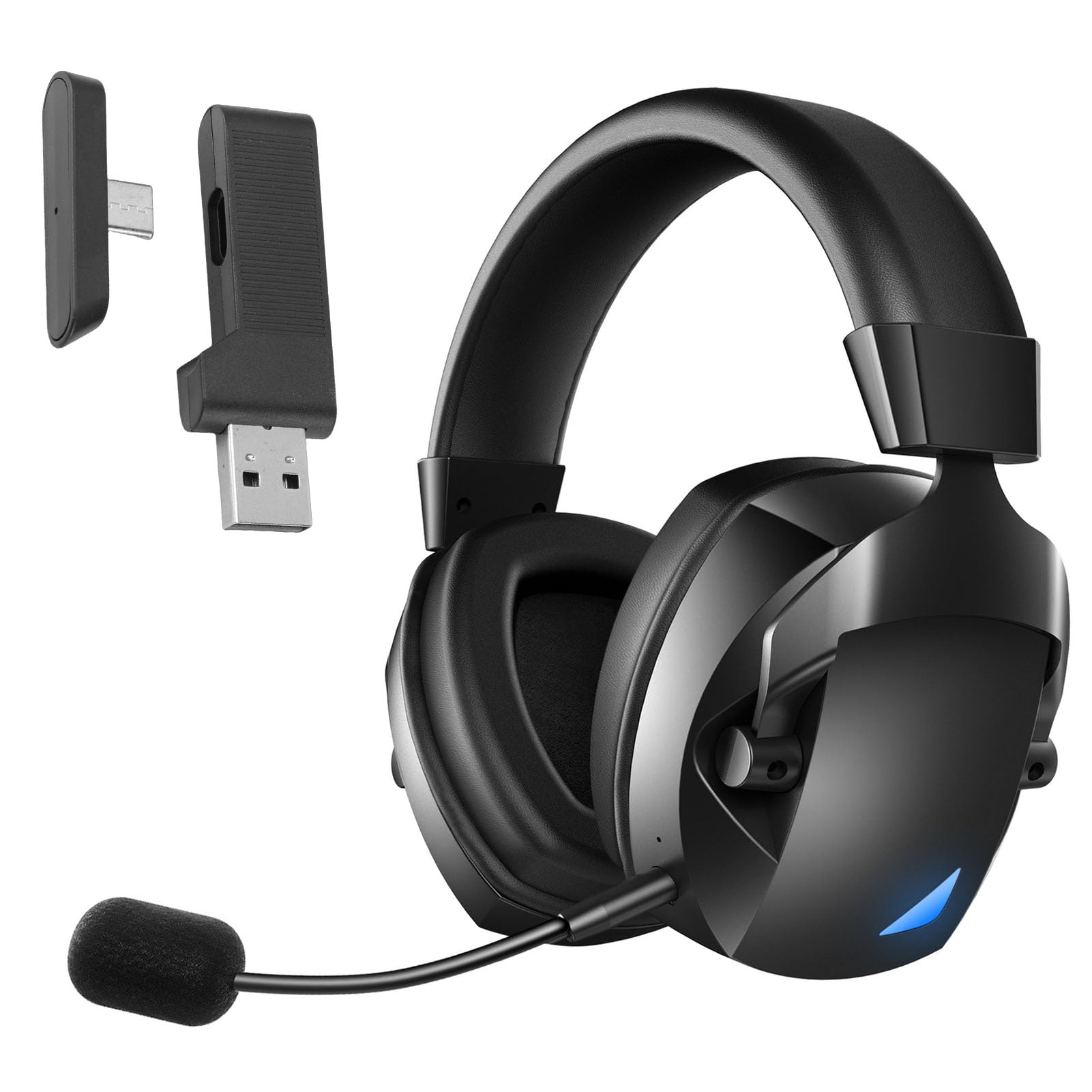 Fabater Kabelloses Gaming-Headset, 2,4 GHz Bluetooth 5.4 Gaming-Kopfhörer mit 360° Verstellbarem Mikrofon mit Geräuschunterdrückung, 7.1 Surround Sound und RGB, 50 Stunden Akkus (Black)