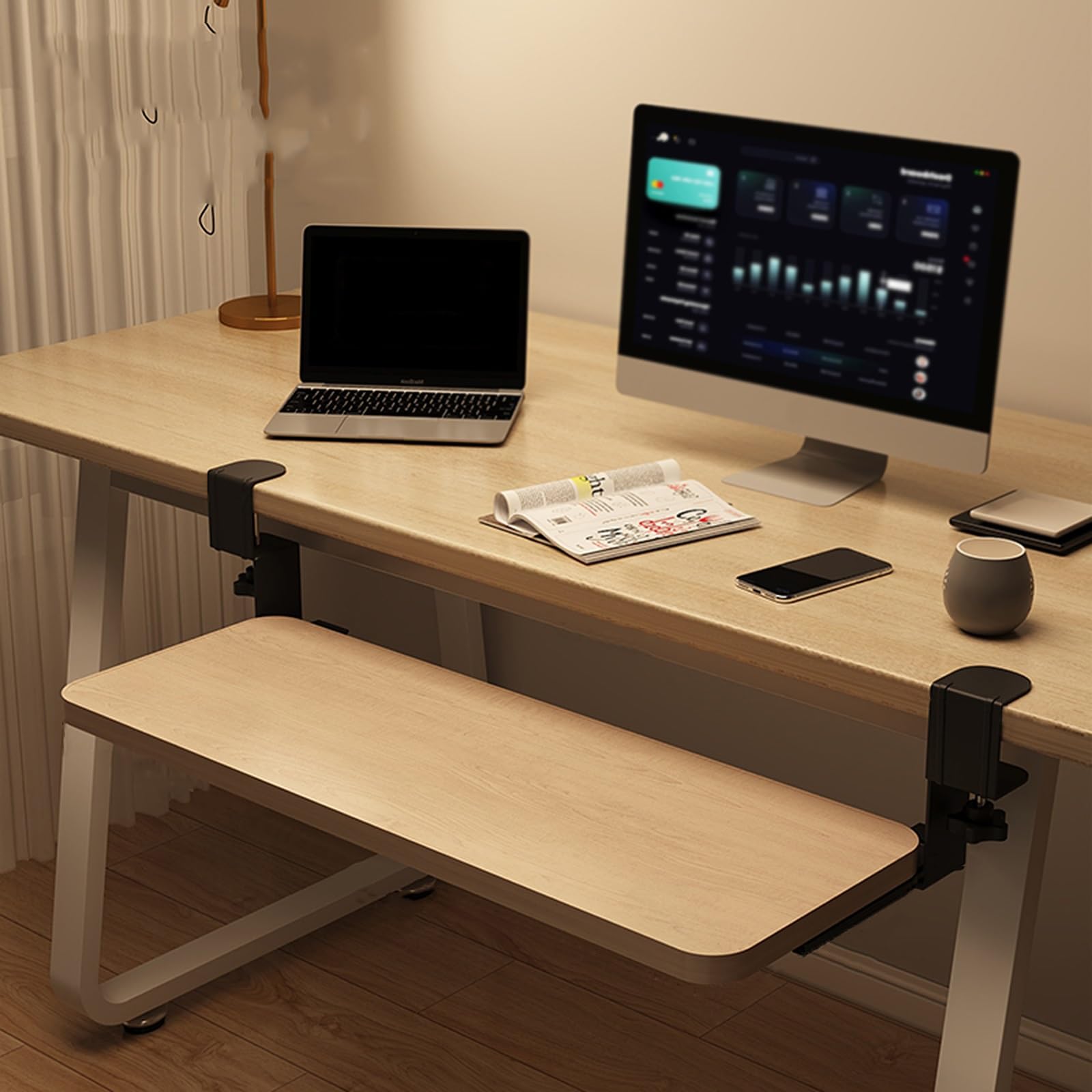 Verstellbare Untertisch-Tastaturablage mit C-Griff, ausziehbare Schubladen für Tastatur und Maus, effiziente Aufbewahrungslösung für Arbeit und Gaming, platzsparendes Design