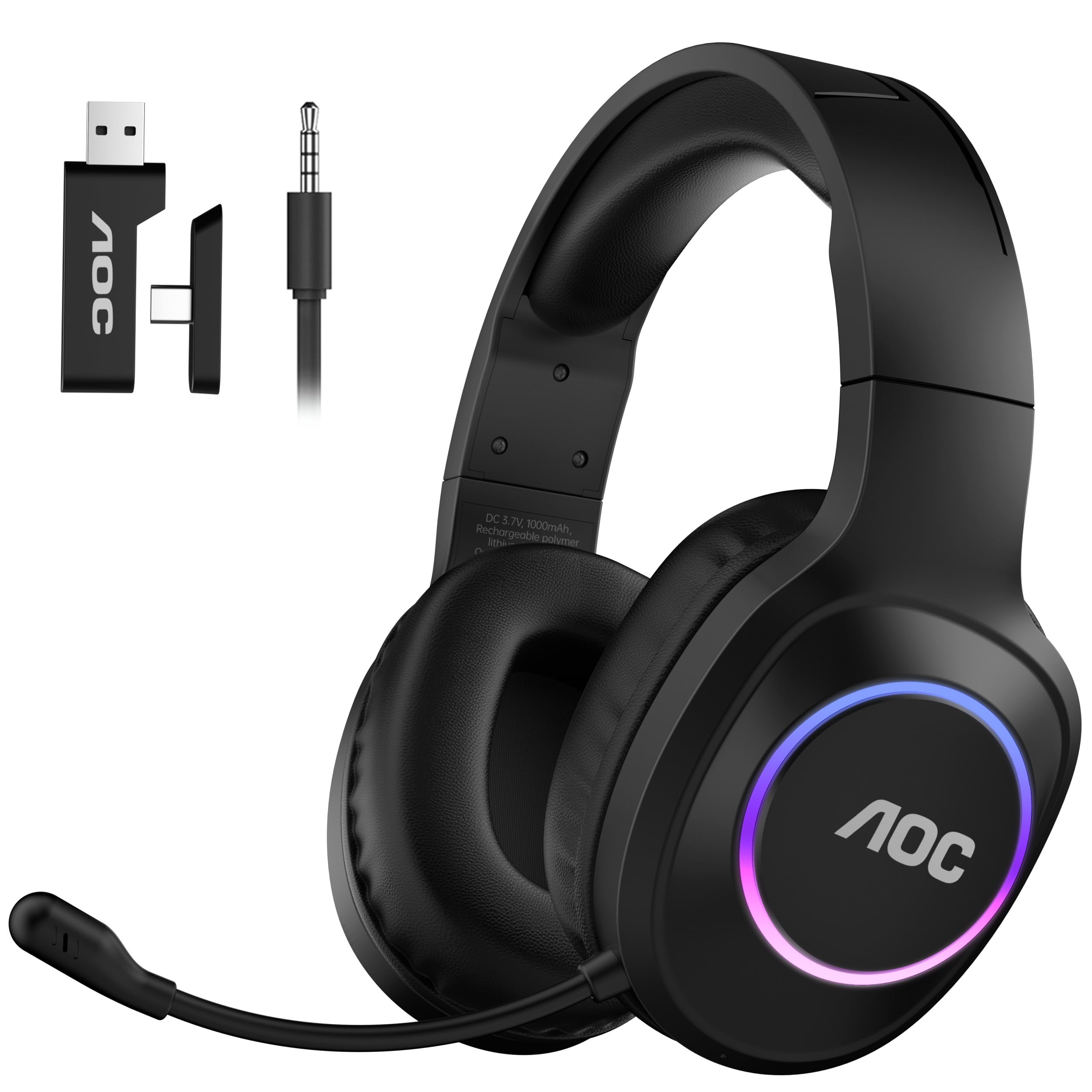 AOC Gaming Headset kabellos für PC, PS5, PS4, Switch, 2,4 GHz Wireless Headset mit Bluetooth 5.4 & Kabel, 7.1 Surround Sound, Noise Cancelling Mikrofon, 239 g leicht, 45 Std. Akku