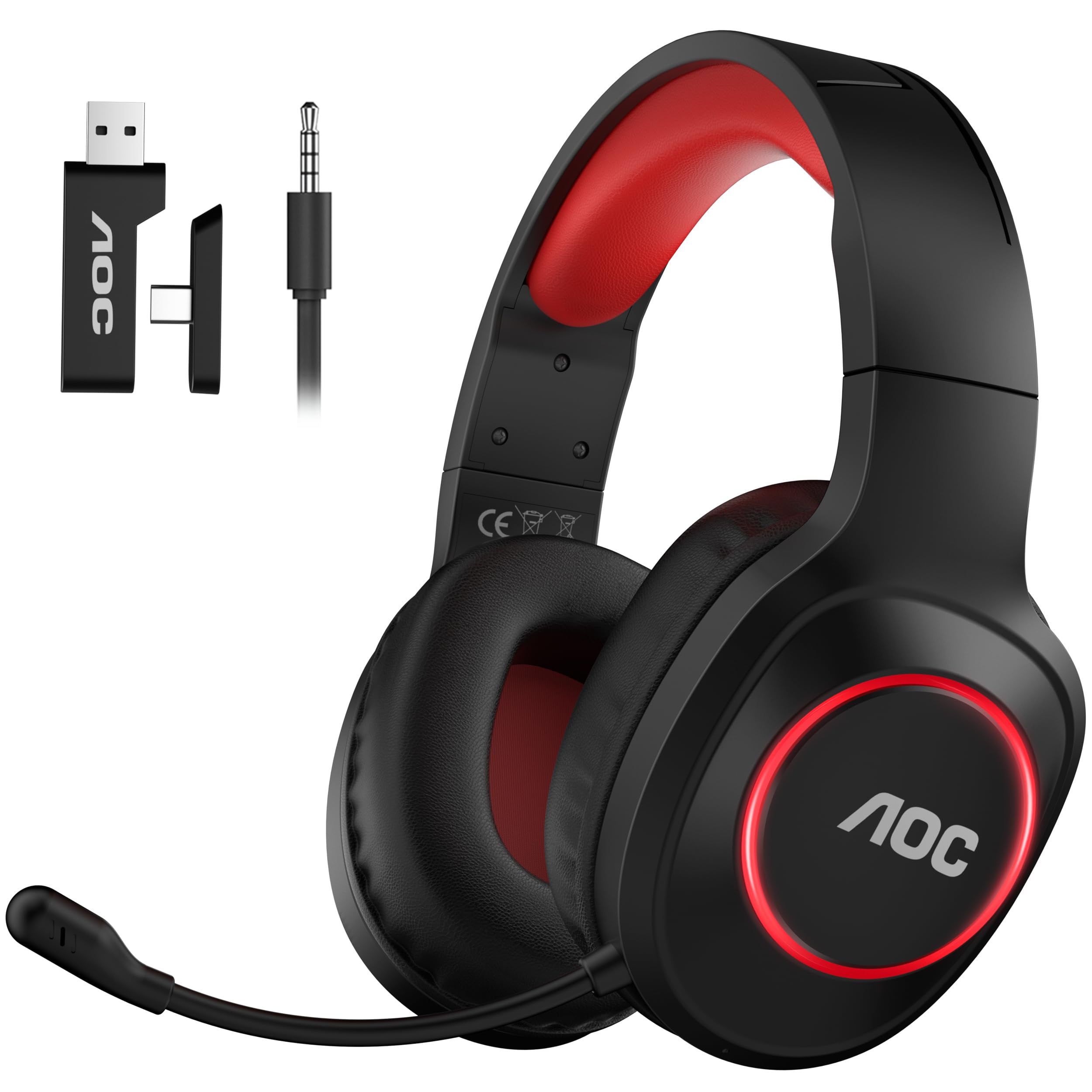 AOC Gaming Headset kabellos für PC, PS5, PS4, Switch, 2,4 GHz Wireless Headset mit Bluetooth 5.4 & Kabel, 7.1 Surround Sound, Noise Cancelling Mikrofon, 239 g leicht, 45 Std. Akku