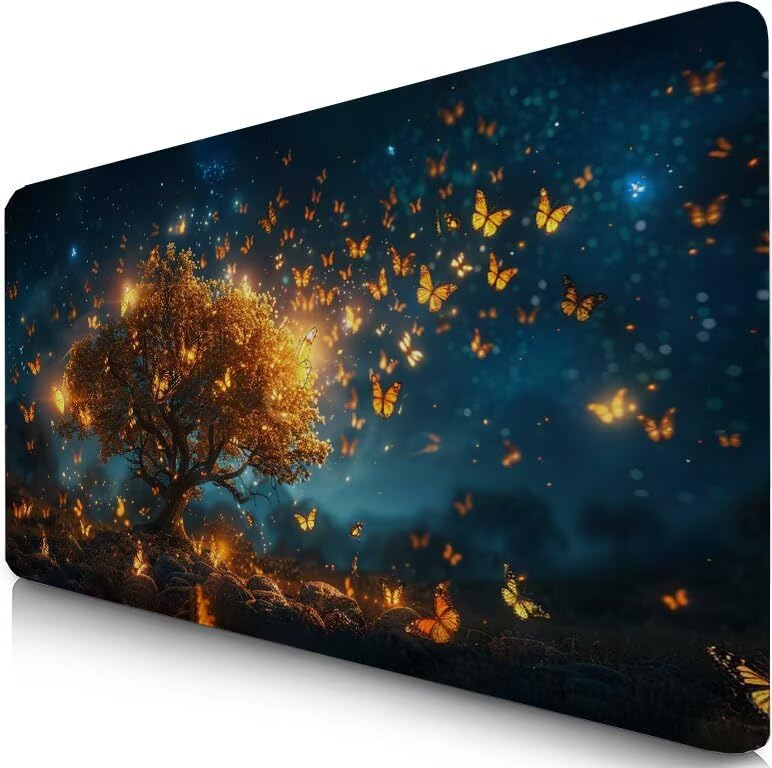 Schreibtischunterlage Baum Mauspad XXL 150x80cm Mousepad Schmetterling Gaming Mauspad mit Nicht rutschender Unterlage, Vernähte Kanten WassXerdicht Anti-Rutsch Maus Pad für PC, MacBook, Laptop F0-536