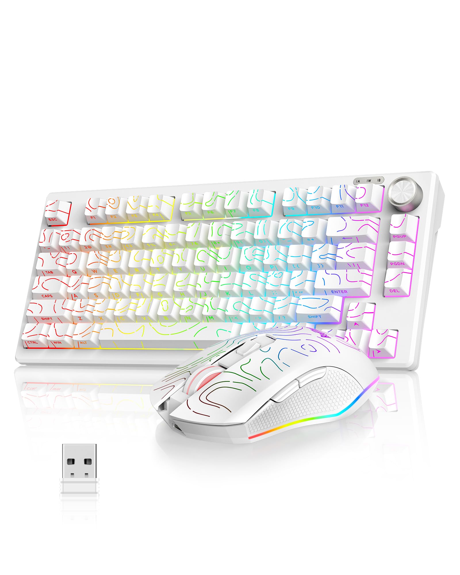RedThunder K75 Gaming Tastatur und Maus Set Kabellos, 75% US Layout, Seitliche TKL Membrantastatur, 2,4G/USB/BT-Modus, Dual-Betriebssystem, Dreimodus-Maus, 4800 DPI, 4000 mAh. (Weiße Kontur)