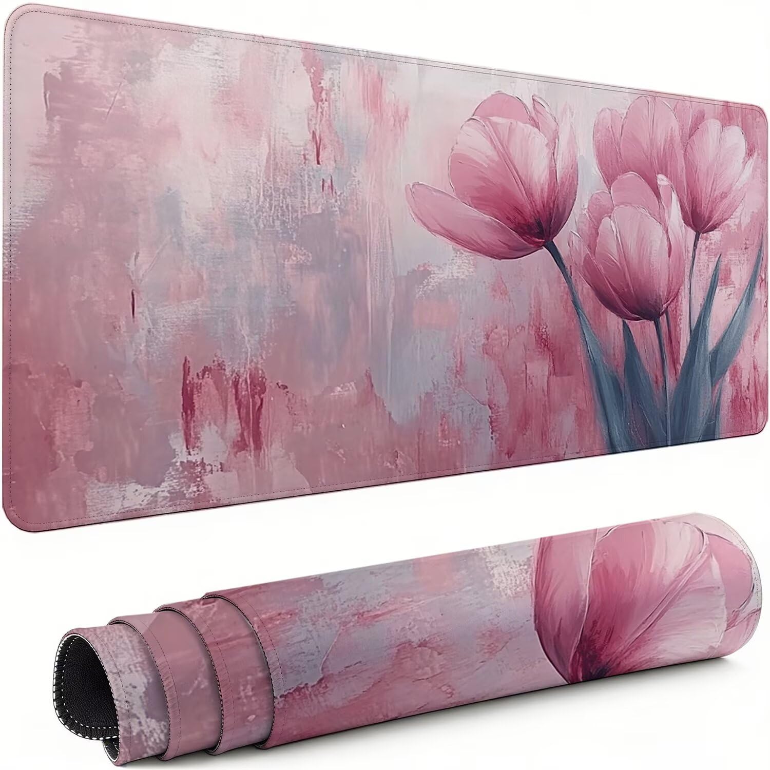 Gaming Mauspad XXL 1600x800x3mm Rosa Mousepad, Große Speed rutschfeste Schreibtischunterlage Blume Verbessert Präzision und Geschwindigkeit mit Stoßdämpfung für Tastatur und Maus Homeoffice xg-719