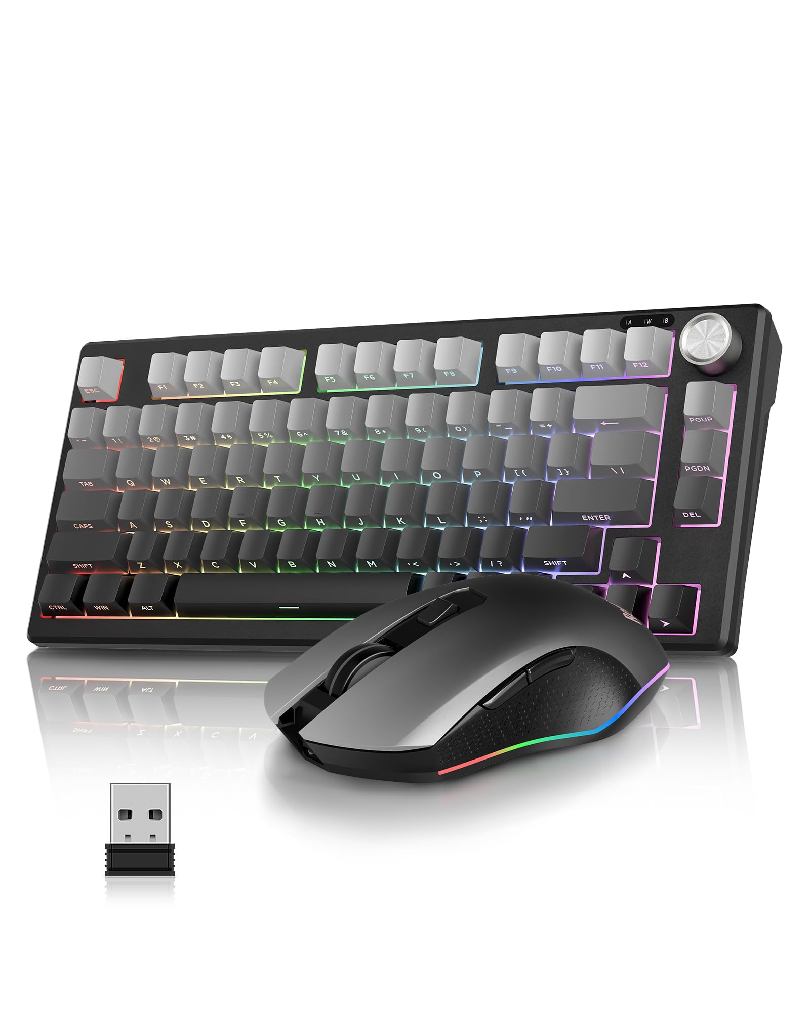 RedThunder K75 Gaming Tastatur und Maus Set Kabellos, 75% US Layout, Seitliche TKL Membrantastatur, 2,4G/USB/BT-Modus, Dual-Betriebssystem, Dreimodus-Maus, 4800 DPI, 4000 mAh (Gradient Grey)