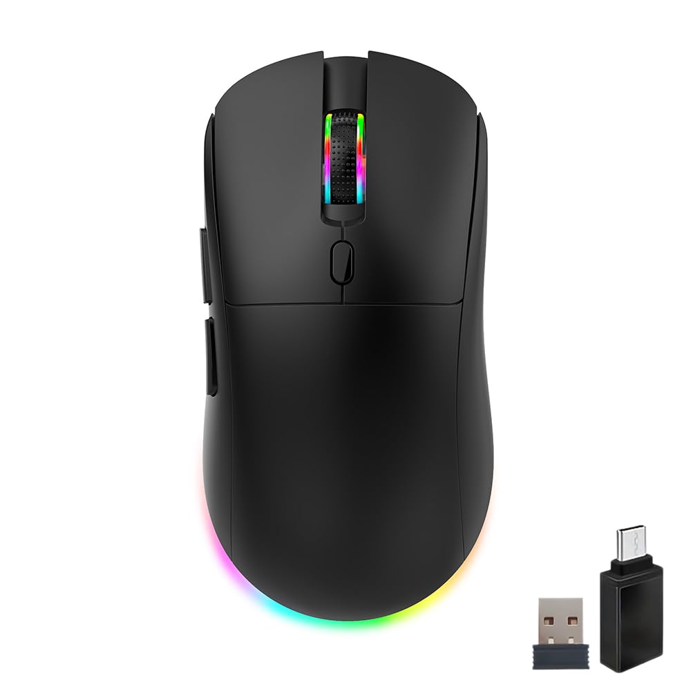 Gaming Maus Kabellos, RGB Gaming Mouse mit Einstellbarer DPI 800/1200/1600/2400/3600/4800, Bluetooth Maus(2.4G+BT1+BT2+Kabelgebunden) 1K Abrufrate, Für PC, Laptop, Tablet, Handy - Schwarz