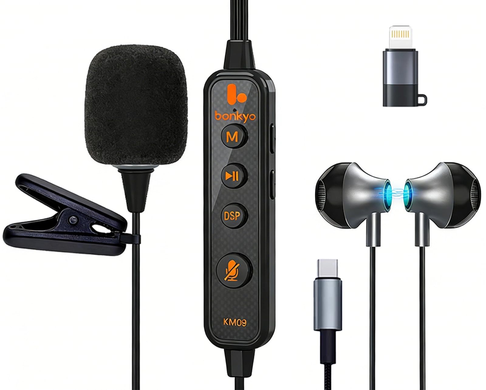 KM09 Soundkarte Karaoke Headset mit In-Ear-Überwachung, Sprachwechsler Eingebaute Soundkarte, Tragbares Karaoke-Mikrofon & Kopfhörer, Typ C HiFi Wired Earbuds für Live-Stream/Karaoke/Gaming