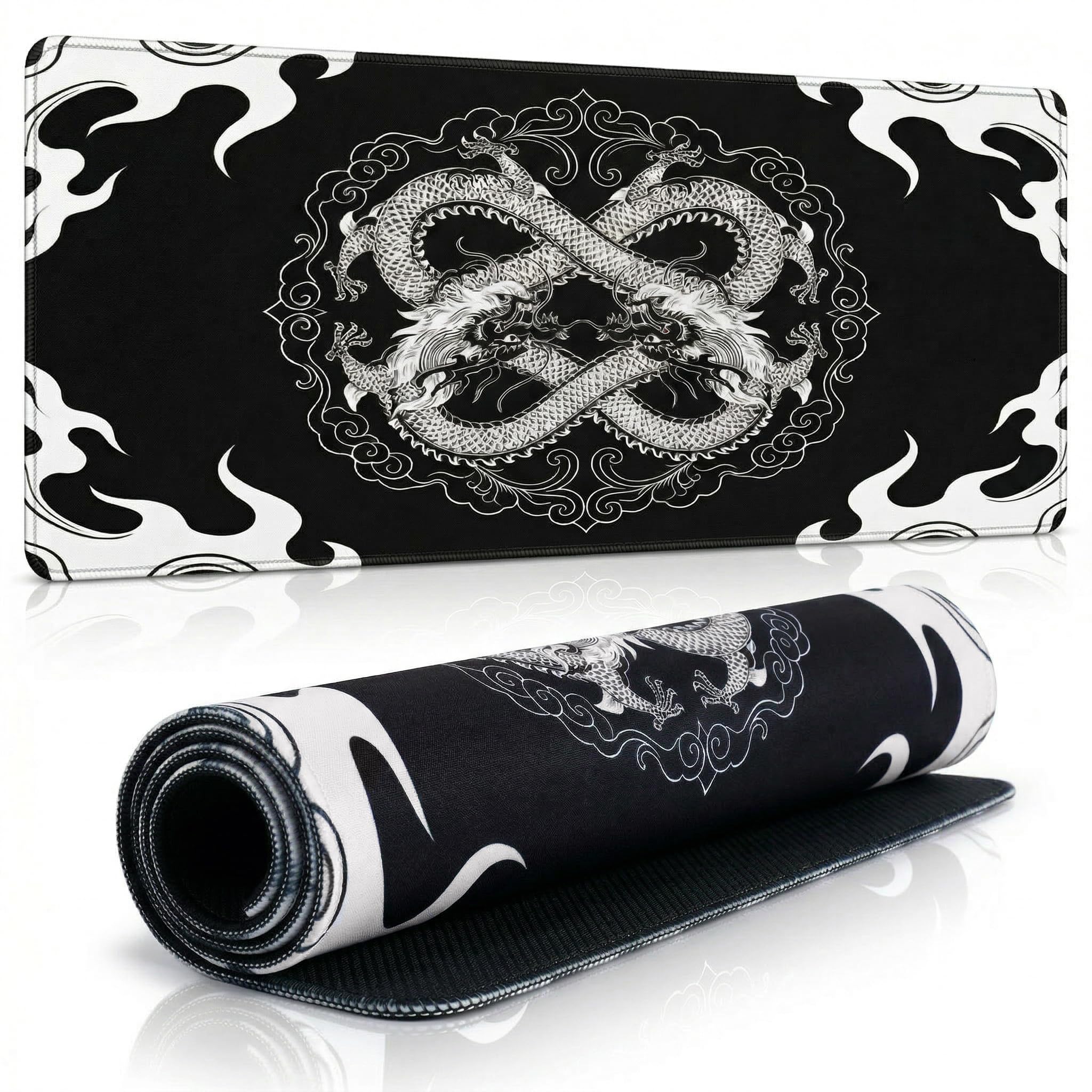 Mauspad XL Gaming, 800 x 300 mm Mousepad groß, Schreibtischunterlage Drachen Motiv, Verbessert Präzision und Geschwindigkeit, rutschfest, vernähte Kanten, für PC, Tastatur, Maus
