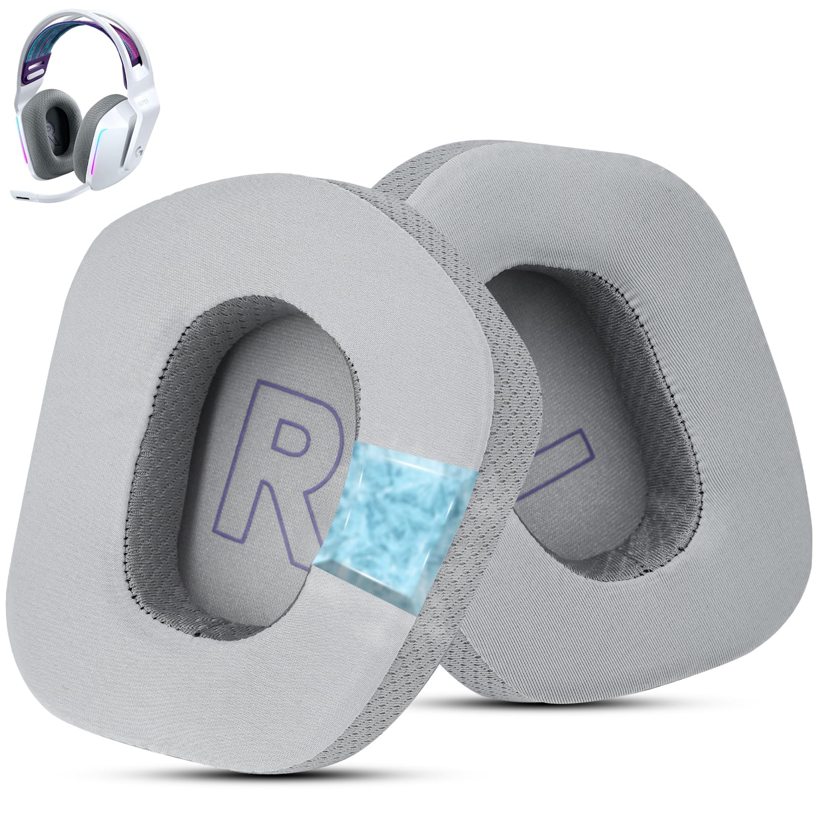 Kühlende Gel-Ersatz-Ohrpolster für Logitech G733 G535 G335 Lightspeed Kabelloses Gaming Headset, Ohrpolster aus haltbarem Eisseide-Stoff, Geräuschisolierendes Schaumstoff (Grau)