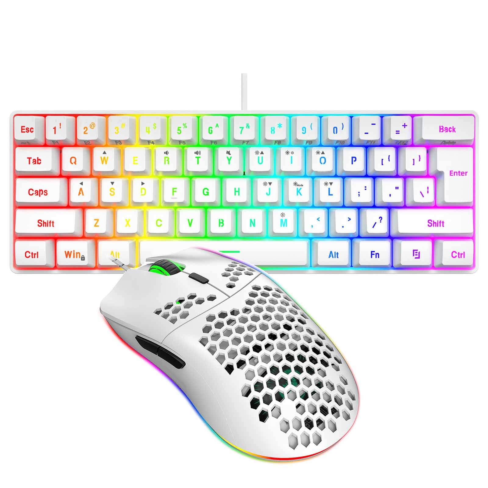 Sxhlseller Kabelloses Gaming Tastatur- und Maus-Set RGB Beleuchtung 6400 DPI, 61 Tasten Multimedia Keyboard, Ergonomische Maus für PC Computer (Weiß)