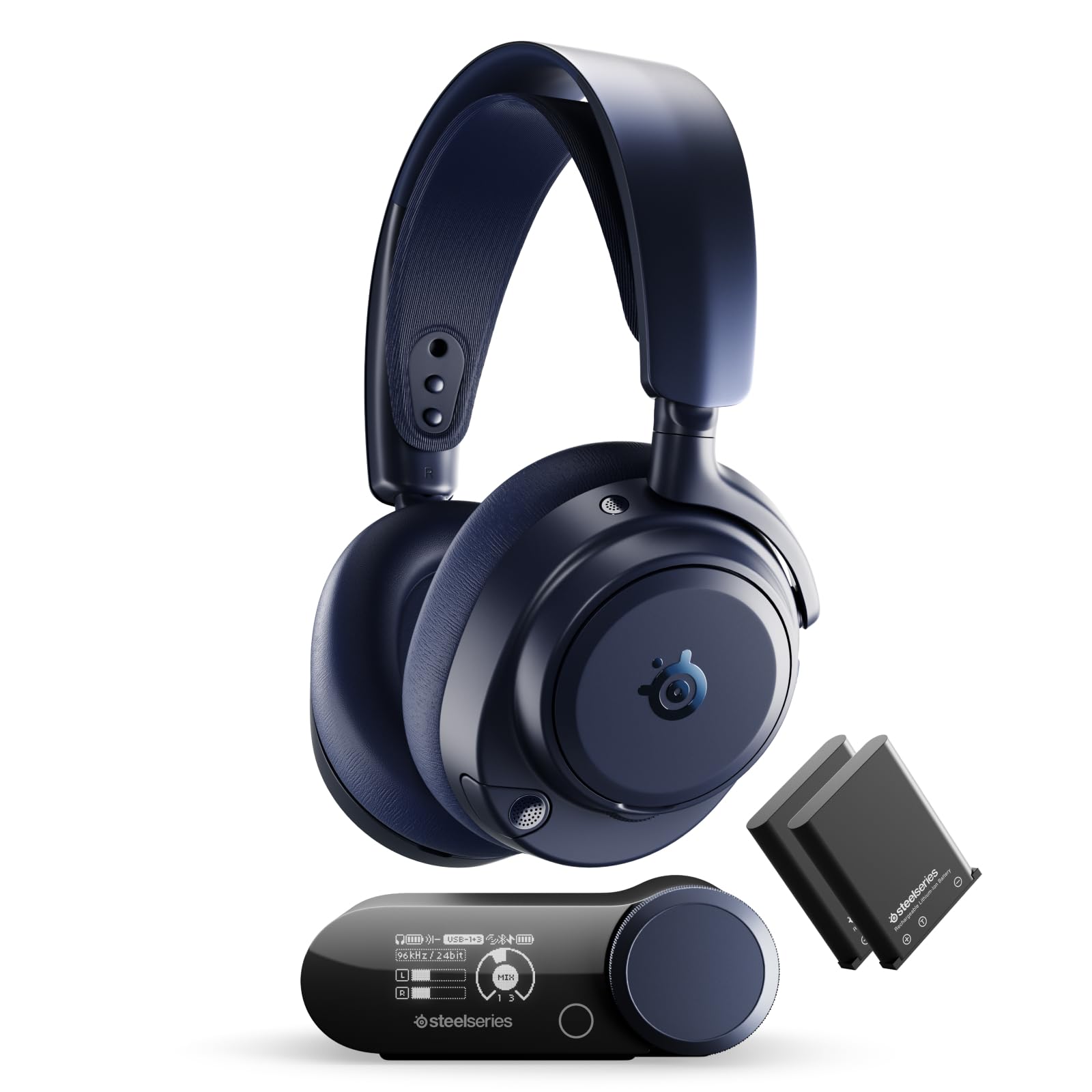 SteelSeries Arctis Nova Pro Omni – Hi‑Res-Wireless Gaming-Headset, 96 kHz/24 Bit, ANC, ClearCast Pro-Mic, KI-Geräuschunterdrückung, Mobile App, Mix 2,4 GHz + BT, OmniPlay PC+PS5+Xbox – Midnight Blue