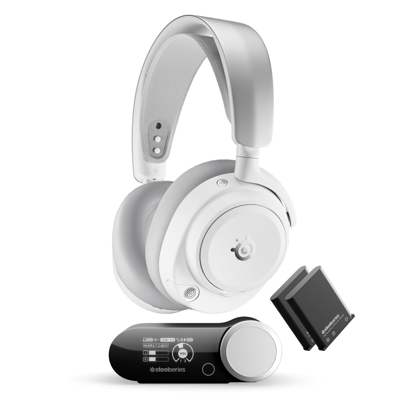SteelSeries Arctis Nova Pro Omni – Hi‑Res-Wireless Gaming-Headset, 96 kHz/24 Bit, ANC, ClearCast Pro-Mic, KI-Geräuschunterdrückung, Mobile App, Mix 2,4 GHz + BT, OmniPlay PC+PS5+Xbox – Weiß