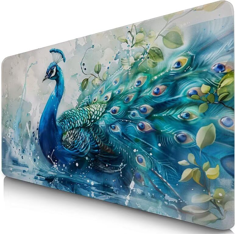 Schreibtischunterlage Pfau Mauspad XXL 150x80cm Mousepad Blau Gaming Mauspad mit Nicht rutschender Unterlage, Vernähte Kanten WassXerdicht Anti-Rutsch Maus Pad für PC, MacBook, Laptop, Office F0-761