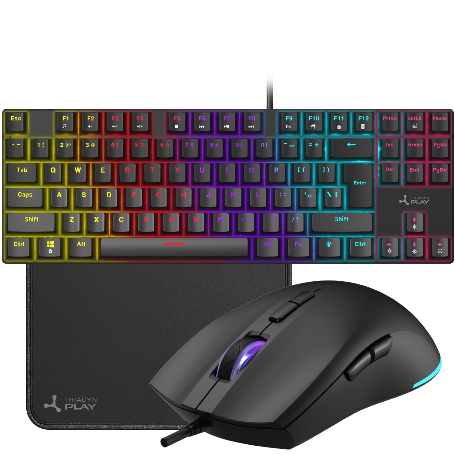 Play METIS Gaming-Set – Mechanische TAYGETE S Tastatur mit Red Switch RGB Anti-Ghosting + HELIKE Maus 3600 DPI HUANO + Mauspad, 12 Funktionstasten, kabelgebunden, Schwarz