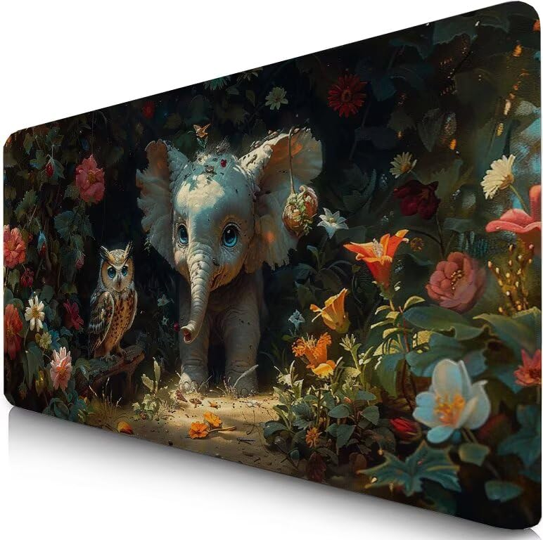 Schreibtischunterlage Elefant Mauspad XXL 150x80cm Mousepad Eule Gaming Mauspad mit Nicht rutschender Unterlage, Vernähte Kanten WassXerdicht Anti-Rutsch Maus Pad für Laptop, Office Geschenke F0-722
