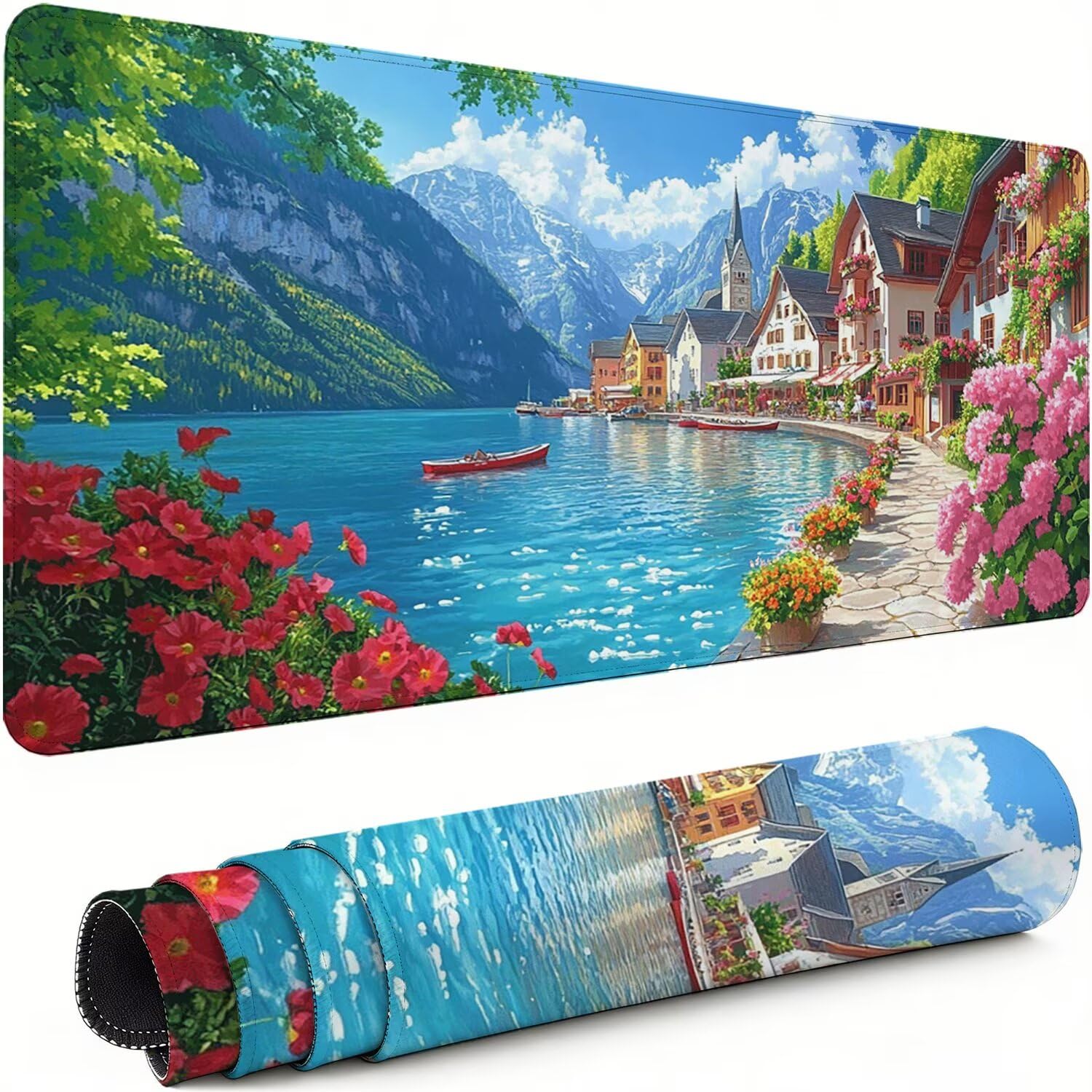 Gaming Mauspad XXL 1600x800x3mm Kleinstadt Mousepad, Große Speed rutschfeste Schreibtischunterlage Blume Verbessert Präzision und Geschwindigkeit mit Stoßdämpfung für Tastatur Maus Homeoffice xg-761