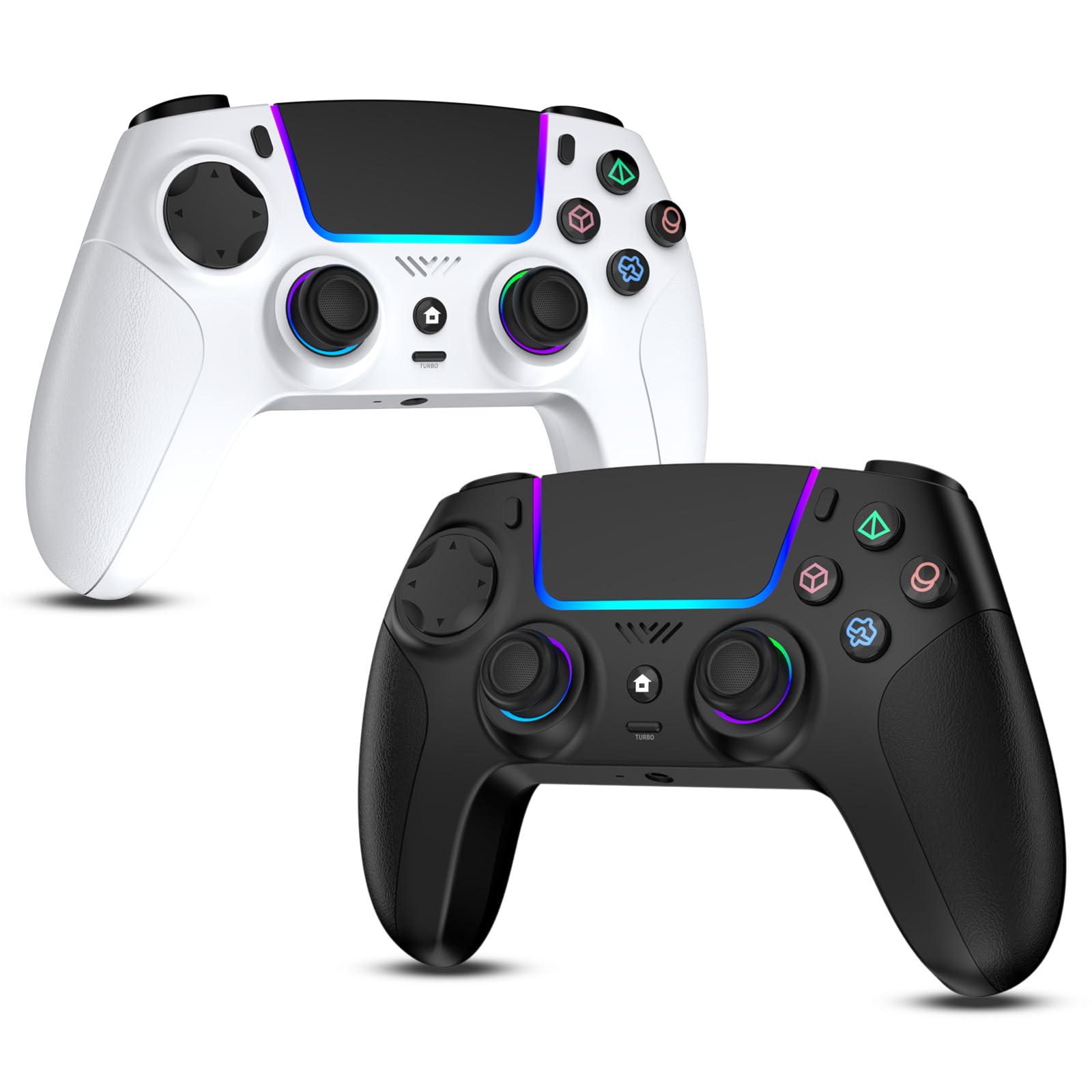 JORREP 2 Pack Wireless Controller für PS4,Gamepad Joystick, kompatibel mit PS4/PS3/Pro/Steam Deck/PC,mit RGB-Beleuchtung/Dual-Vibration/Turbo-Funktion/Bewegungssensor/programmierbar/Headset-Anschluss