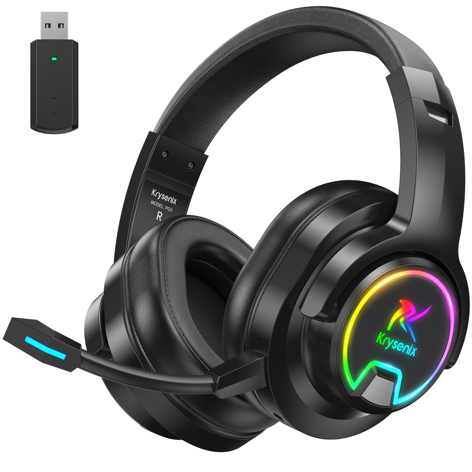 Krysenix Wireless Gaming Headset mit Noise Cancelling Mikrofon für PS5, PS4, PC Mobile: 2.4GHz Geringe Latenz Und Bluetooth, Immersive Stereo Sound, 48H Akku, RGB Beleuchtung