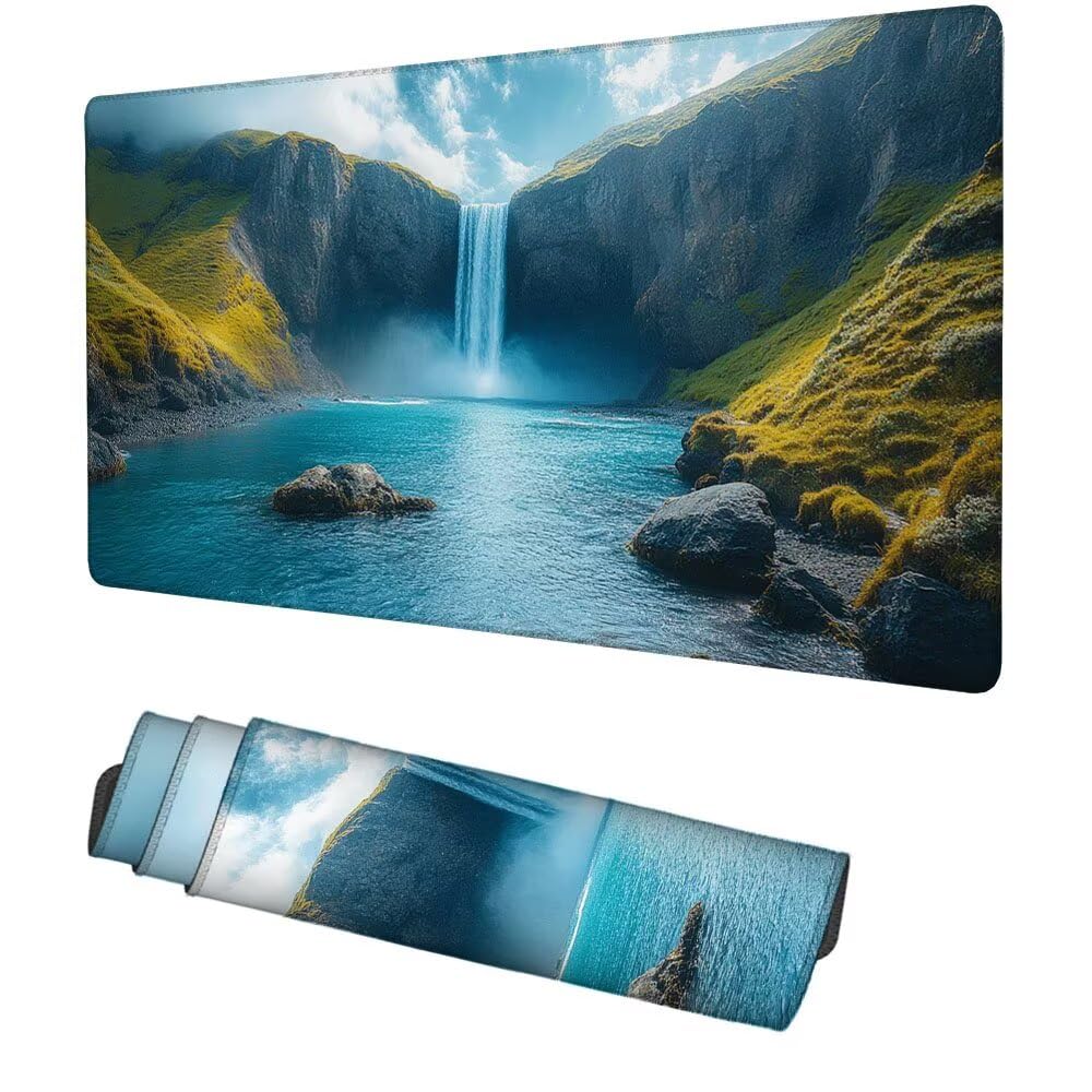 blau Mauspad 900x500x3mm, Mousepad Gaming Mauspad Wasserfall Mousepad XXL, Mouse Pad mit Vernähten Kanten und Rutschfeste Gummibasis, Schreibtisch Zubehör, Maus Pad für Gaming Tastatur und Maus, f-186