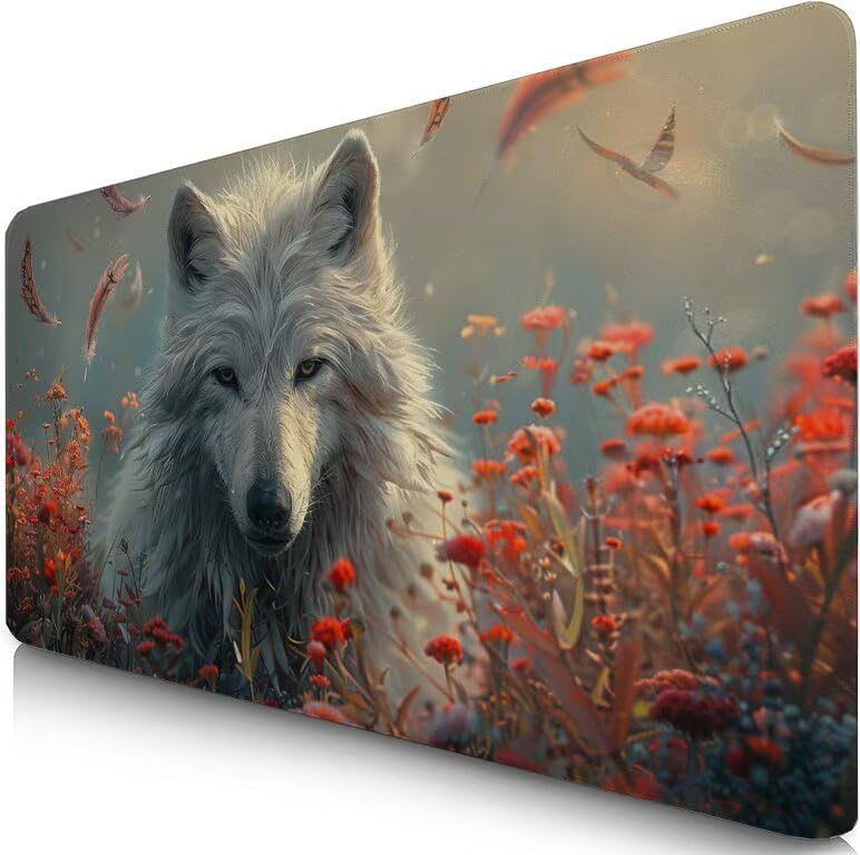 Schreibtischunterlage Wolf Mauspad XXL 150x80cm Mousepad Weiß Gaming Mauspad mit Nicht rutschender Unterlage, Vernähte Kanten WassXerdicht Anti-Rutsch Maus Pad für PC, MacBook, Laptop, Office F0-833