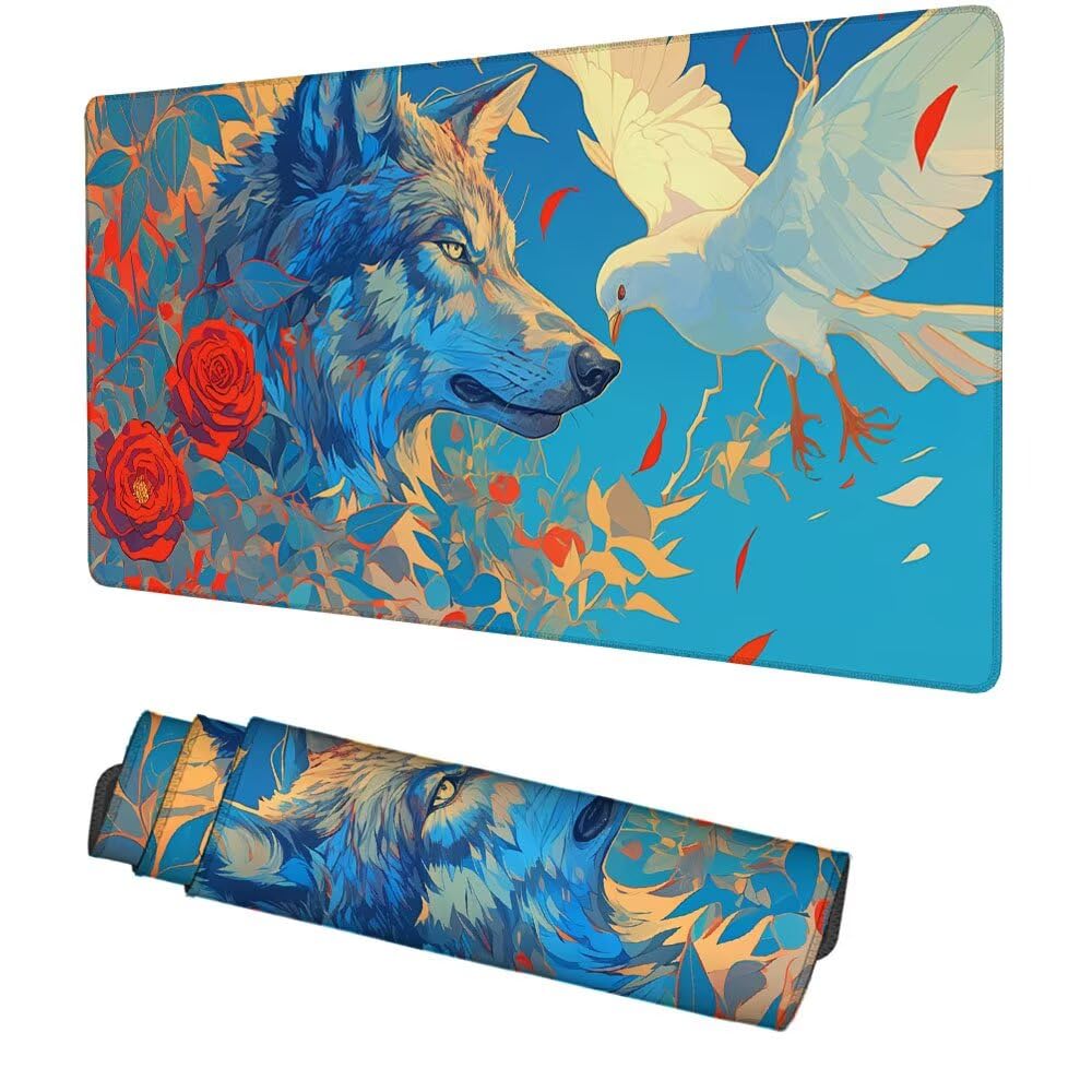 Wolf Mauspad 900x500x3mm, Mousepad Gaming Mauspad Vogel Mousepad XXL, Mouse Pad mit Vernähten Kanten und rutschfeste Gummibasis, Schreibtisch Zubehör, Maus Pad für Gaming Tastatur und Maus, f-222