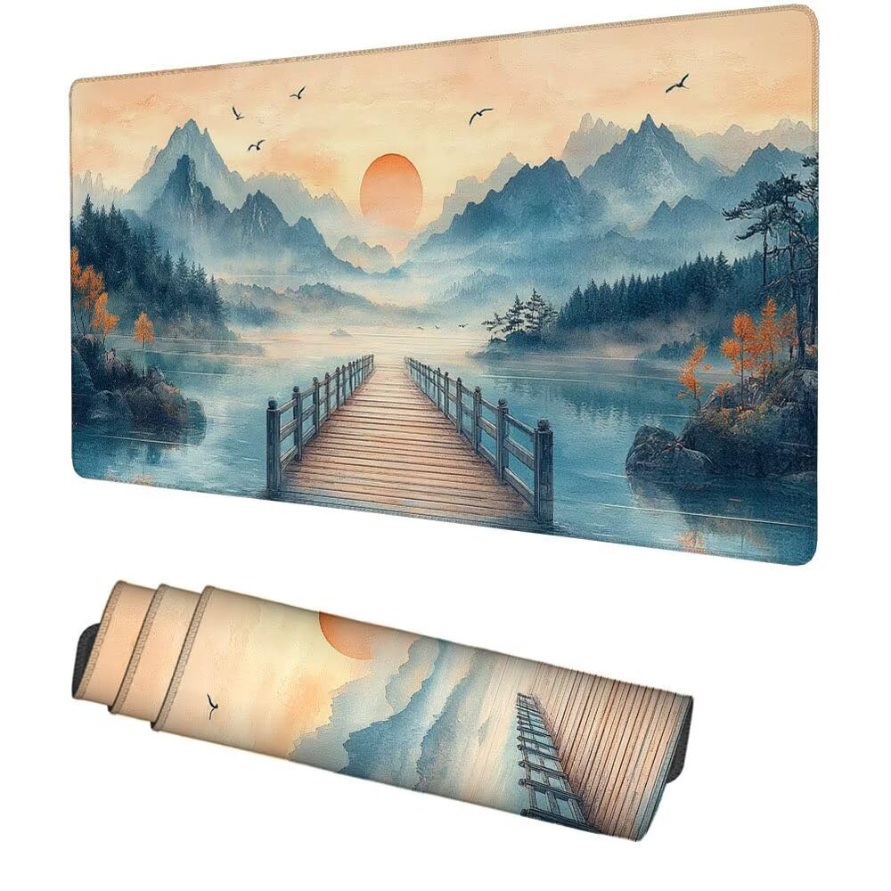 Sonnenuntergang Mauspad 900x500x3mm, Mousepad Gaming Mauspad Hafen Mousepad XXL, Mouse Pad mit Vernähten Kanten und rutschfeste Gummibasis, Schreibtisch Zubehör, für Gaming Tastatur und Maus, f-248