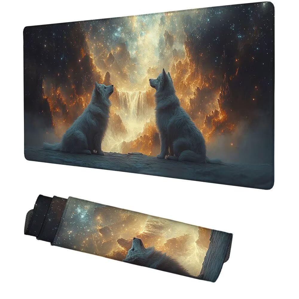 Wolf Mauspad 900x500x3mm, Mousepad Gaming Mauspad Wasserfall Mousepad XXL, Mouse Pad mit Vernähten Kanten und Rutschfeste Gummibasis, Schreibtisch Zubehör, Maus Pad für Gaming Tastatur und Maus, f-218