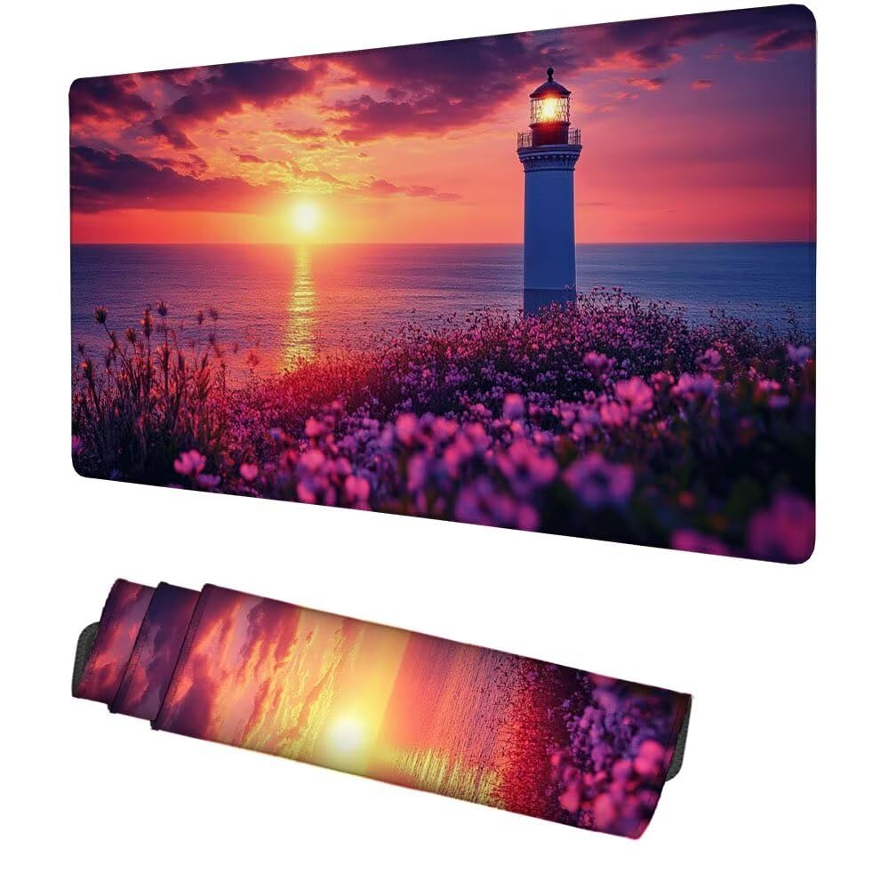 Sonnenuntergang Mauspad 900x500x3mm, Mousepad Gaming Mauspad Leuchtturm Mousepad XXL, Mouse Pad mit Vernähten Kanten und Gummibasis, Schreibtisch Zubehör, für Gaming Tastatur und Maus, f-242