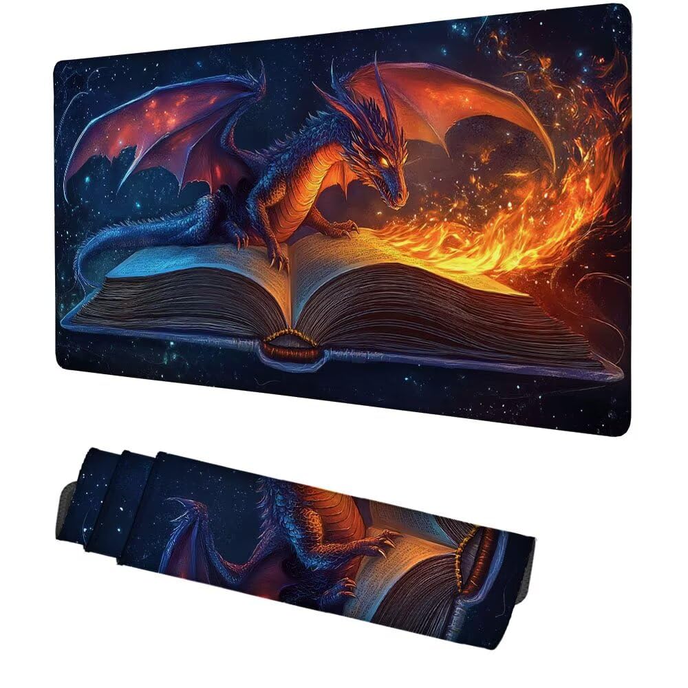 Drache Mauspad 900x500x3mm, Mousepad Gaming Mauspad Feuer Mousepad XXL, Mouse Pad mit Vernähten Kanten und rutschfeste Gummibasis, Schreibtisch Zubehör, Maus Pad für Gaming Tastatur und Maus, f-228