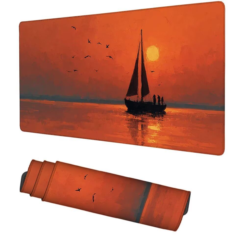 Sonnenuntergang Mauspad 900x500x3mm, Mousepad Gaming Mauspad Schiff Mousepad XXL, Mouse Pad mit Vernähten Kanten und rutschfeste Gummibasis, Schreibtisch Zubehör, für Gaming Tastatur und Maus, f-240