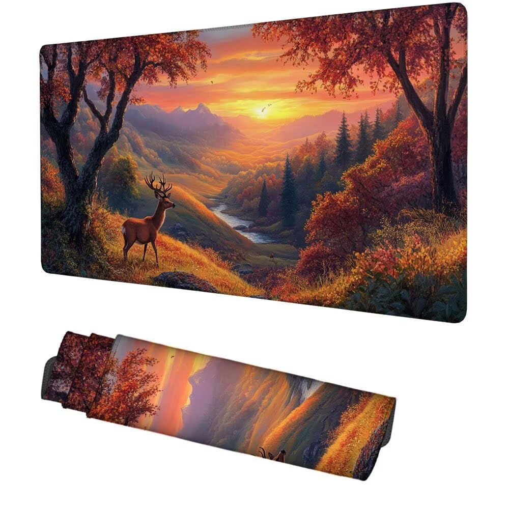 Hirsch Mauspad 900x500x3mm, Mousepad Gaming Mauspad Sonnenuntergang Mousepad XXL, Mouse Pad mit Vernähten Kanten und rutschfeste Gummibasis, Schreibtisch Zubehör, für Gaming Tastatur und Maus, f-234