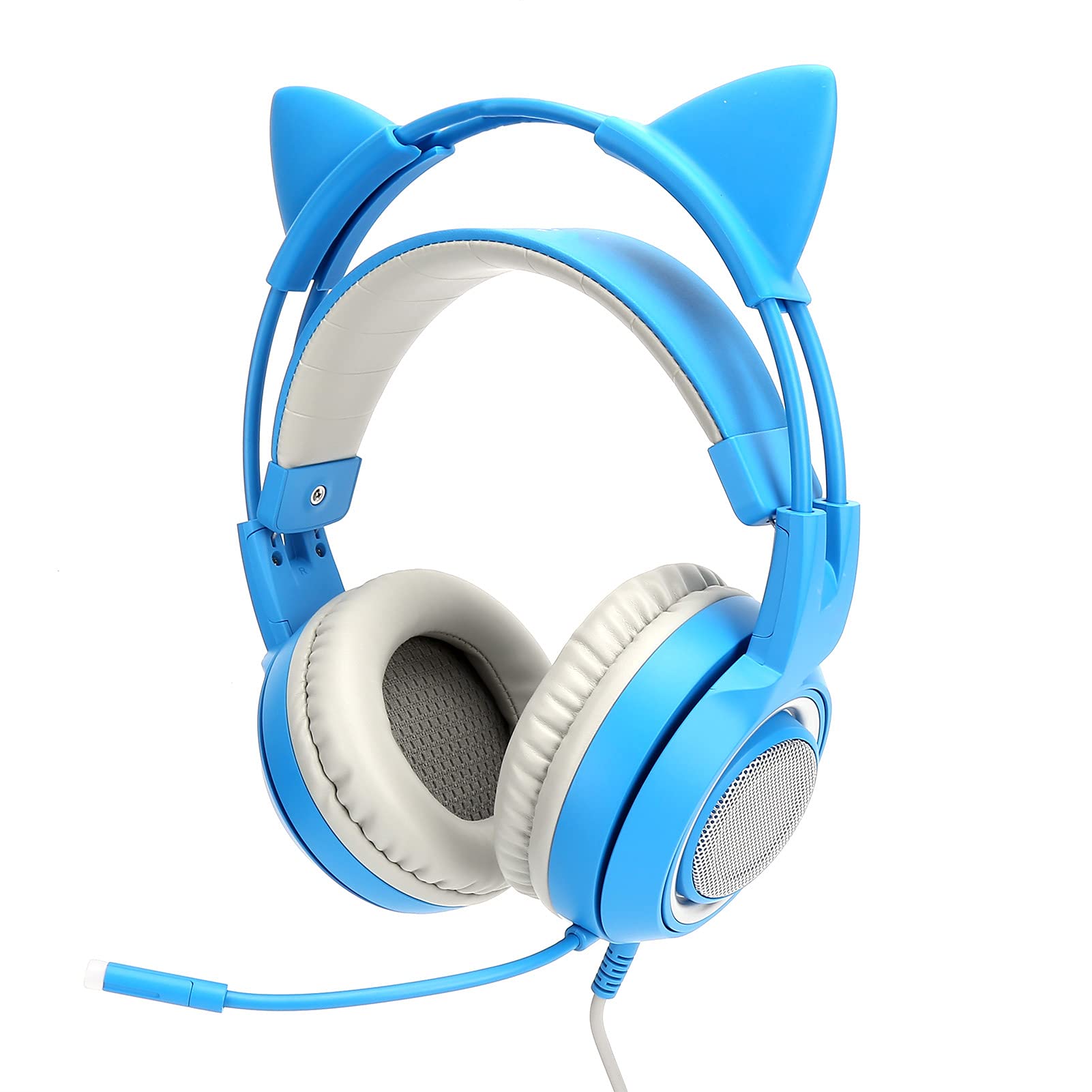 Cuifati 40-mm-Gaming-Headset, 3,5-mm-Stereo-Katzenohrkopfhörer mit LED-Licht und Abnehmbaren Ohren, PC-Mobiltelefon (Blue)