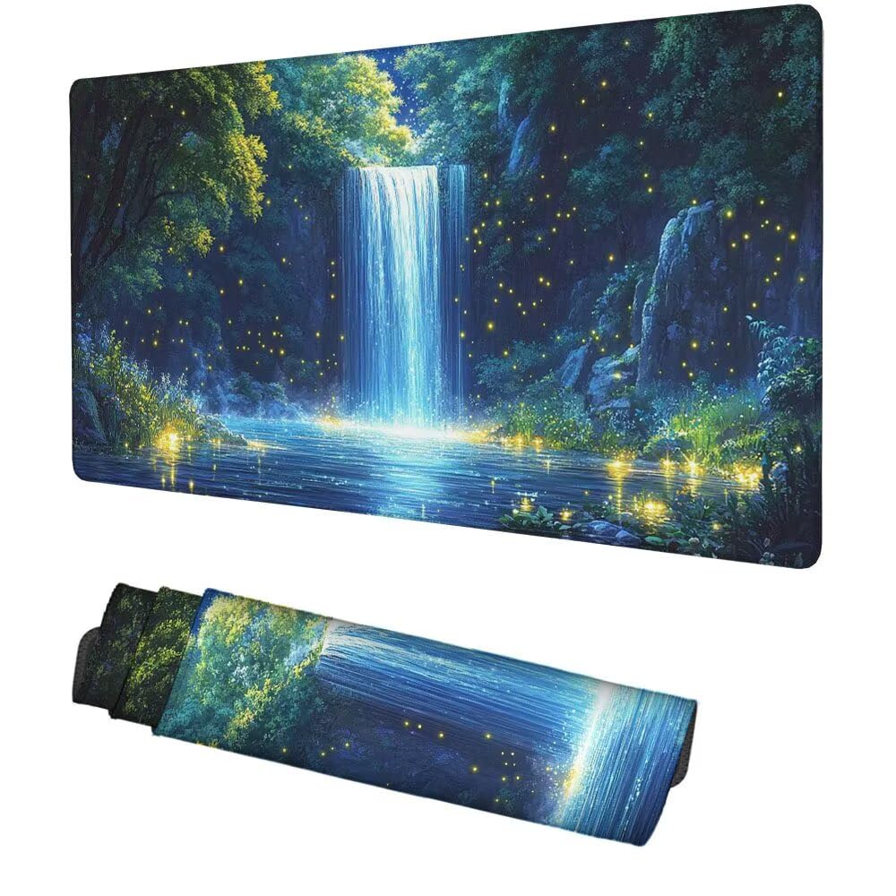Grün Mauspad 900x500x3mm, Mousepad Gaming Mauspad Wasserfall Mousepad XXL, Mouse Pad mit Vernähten Kanten und Rutschfeste Gummibasis, Schreibtisch Zubehör, Maus Pad für Gaming Tastatur und Maus, f-278