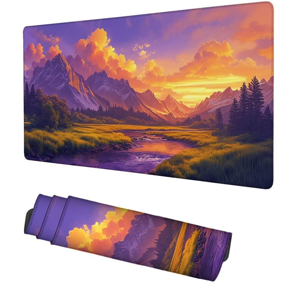 Sonnenuntergang Mauspad 900x500x3mm, Mousepad Gaming Mauspad Berg Mousepad XXL, Mouse Pad mit Vernähten Kanten und rutschfeste Gummibasis, Schreibtisch Zubehör, für Gaming Tastatur und Maus, f-266