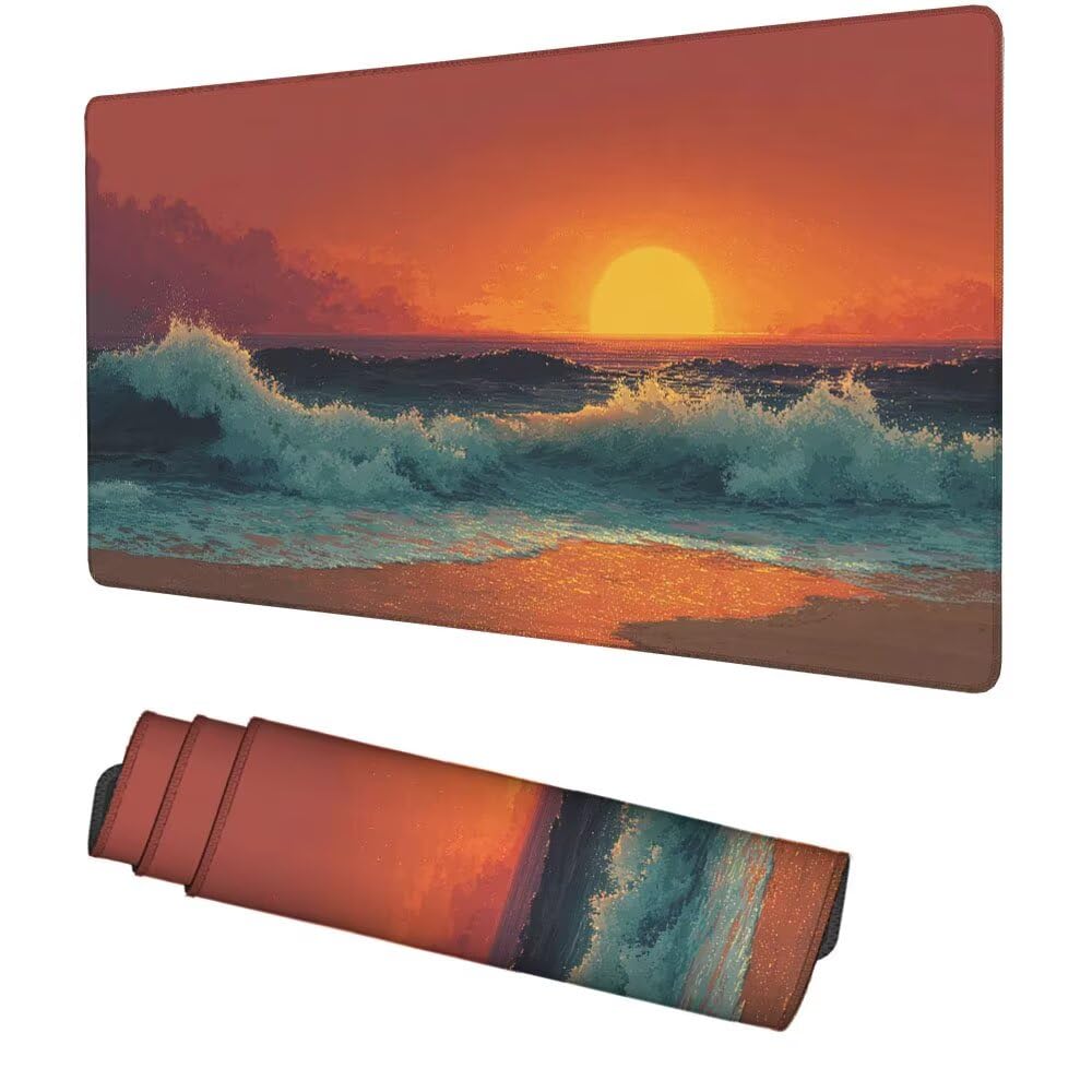 Sonnenuntergang Mauspad 900x500x3mm, Mousepad Gaming Mauspad die Welle Mousepad XXL, Mouse Pad mit Vernähten Kanten und Gummibasis, Schreibtisch Zubehör, für Gaming Tastatur und Maus, f-260