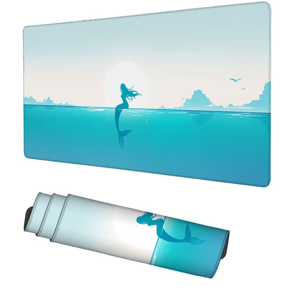 Meerjungfrau Mauspad 900x500x3mm, Mousepad Gaming Mauspad blau Mousepad XXL, Mouse Pad mit Vernähten Kanten und rutschfeste Gummibasis, Schreibtisch Zubehör, für Gaming Tastatur und Maus, f-312
