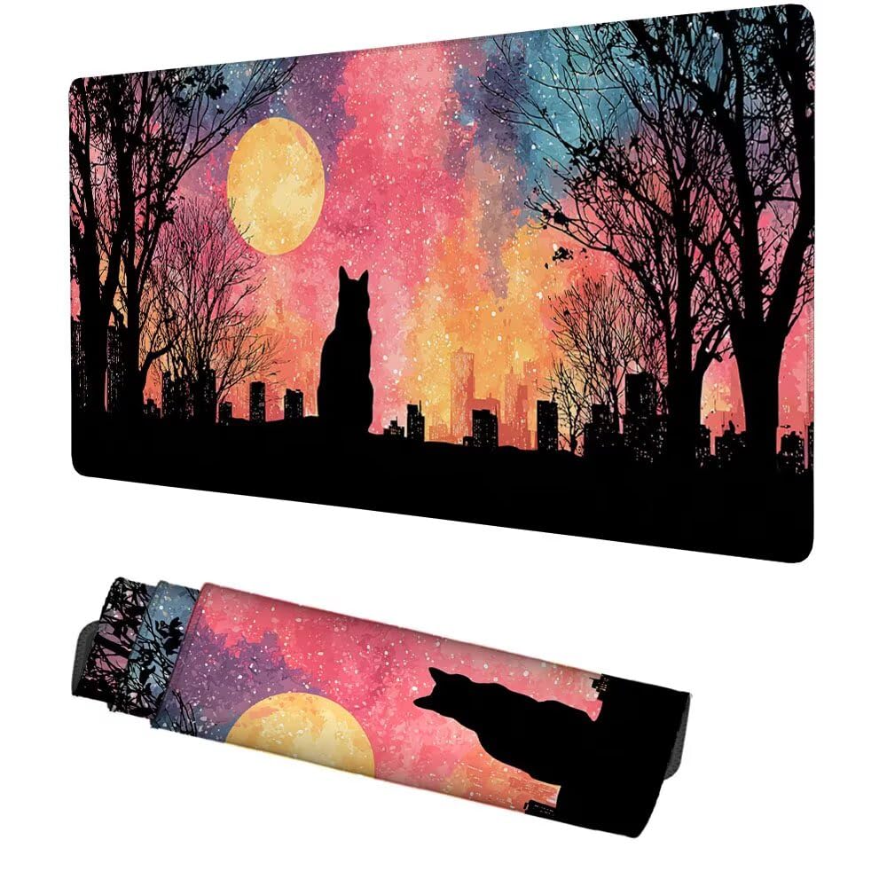 Katze Mauspad 900x500x3mm, Mousepad Gaming Mauspad Farbe Mousepad XXL, Mouse Pad mit Vernähten Kanten und rutschfeste Gummibasis, Schreibtisch Zubehör, Maus Pad für Gaming Tastatur und Maus, f-296