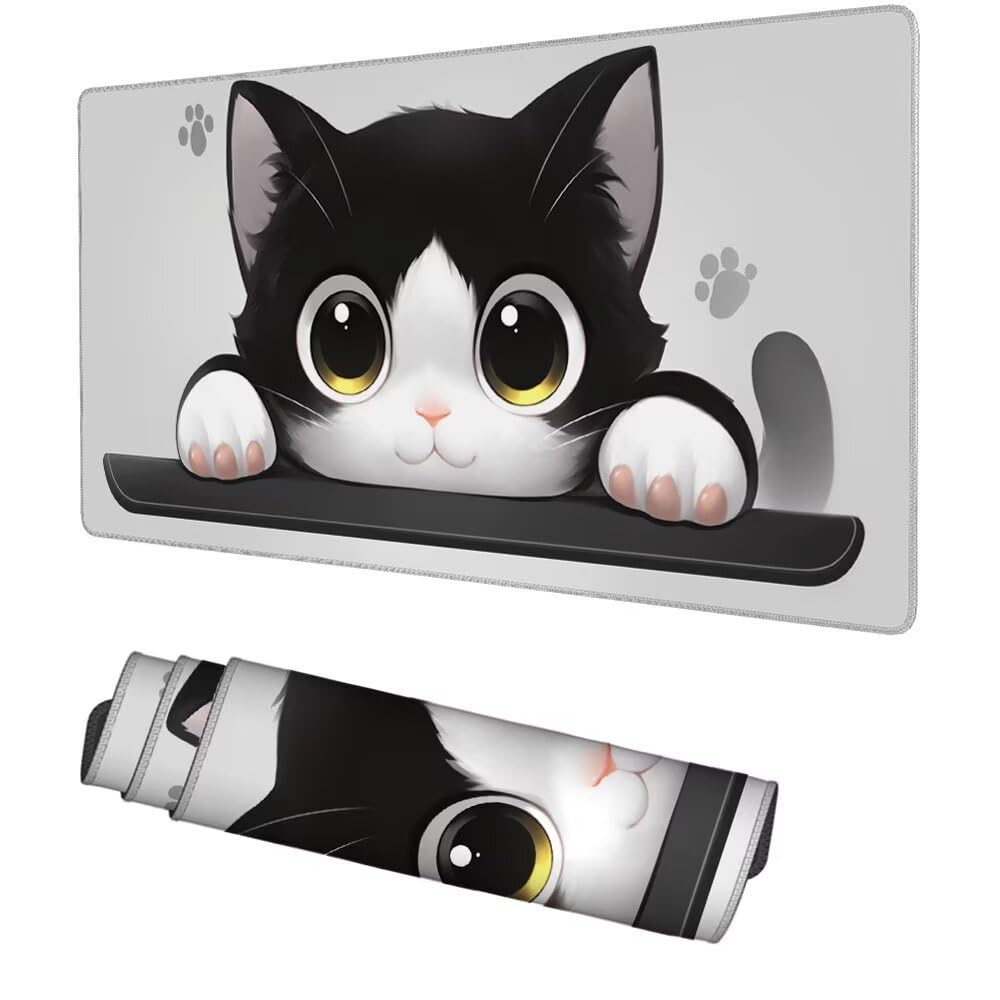 Katze Mauspad 900x500x3mm, Mousepad Gaming Mauspad Schwarz(2) Mousepad XXL, Mouse Pad mit Vernähten Kanten und rutschfeste Gummibasis, Schreibtisch Zubehör, für Gaming Tastatur und Maus, f-300