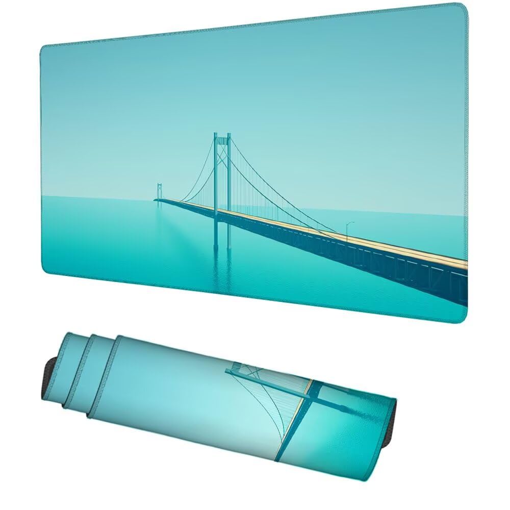 Brücke Mauspad 900x500x3mm, Mousepad Gaming Mauspad blau Mousepad XXL, Mouse Pad mit Vernähten Kanten und rutschfeste Gummibasis, Schreibtisch Zubehör, Maus Pad für Gaming Tastatur und Maus, f-354