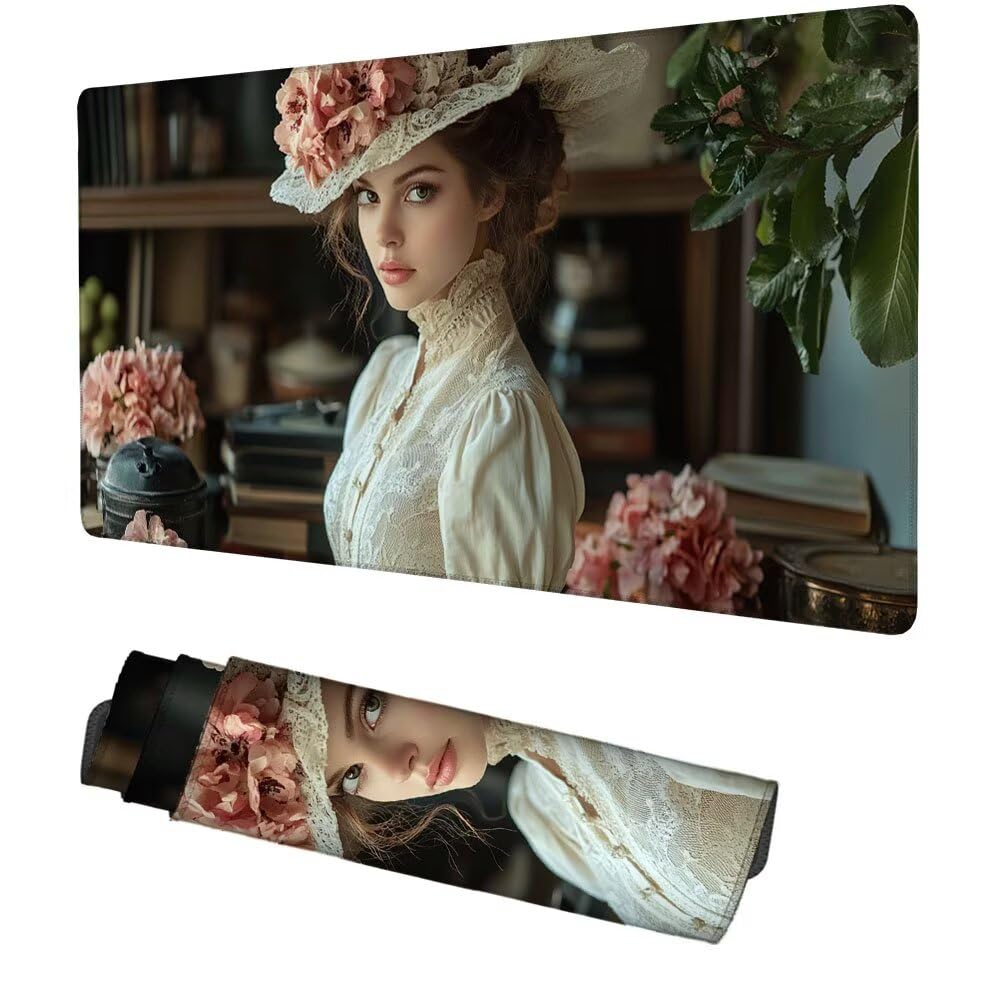 Frau Mauspad 1000x500x3mm, Mousepad Gaming Mauspad Blume Mousepad XXL, Mouse Pad mit Vernähten Kanten und rutschfeste Gummibasis, Schreibtisch Zubehör, Maus Pad für Gaming Tastatur und Maus, f-334