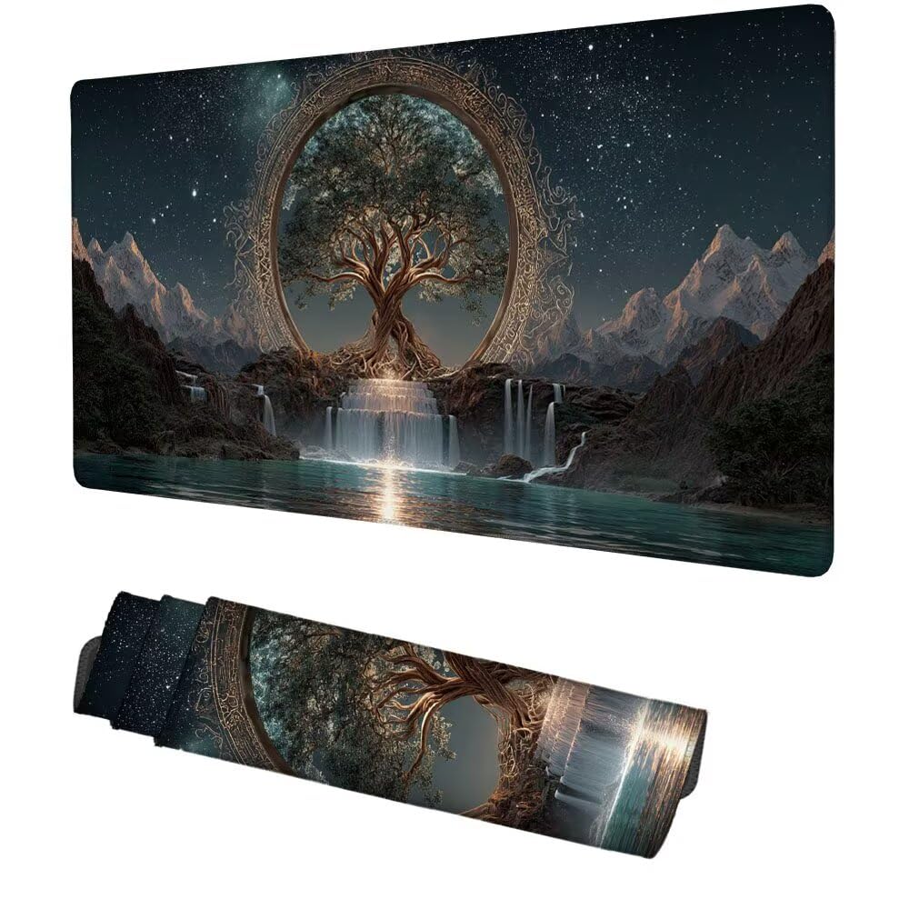 Wasserfall Mauspad 1000x500x3mm, Mousepad Gaming Mauspad Baum Mousepad XXL, Mouse Pad mit Vernähten Kanten und rutschfeste Gummibasis, Schreibtisch Zubehör, für Gaming Tastatur und Maus, f-344