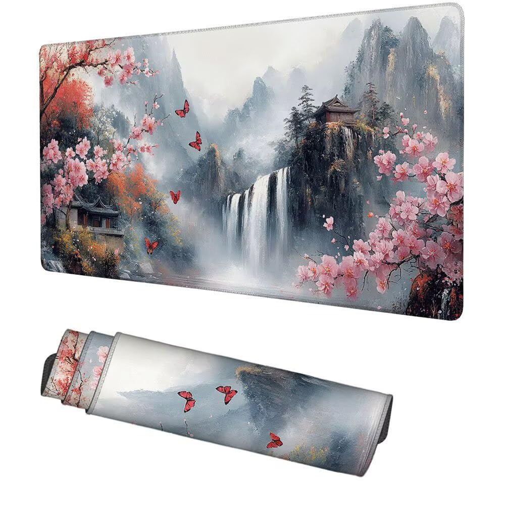 Wasserfall Mauspad 1000x500x3mm, Mousepad Gaming Mauspad Blume Mousepad XXL, Mouse Pad mit Vernähten Kanten und rutschfeste Gummibasis, Schreibtisch Zubehör, für Gaming Tastatur und Maus, f-340