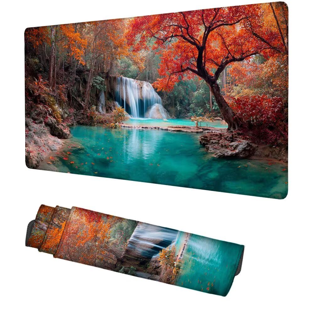Wasserfall Mauspad 900x500x3mm, Mousepad Gaming Mauspad Herbst Mousepad XXL, Mouse Pad mit Vernähten Kanten und rutschfeste Gummibasis, Schreibtisch Zubehör, für Gaming Tastatur und Maus, f-350