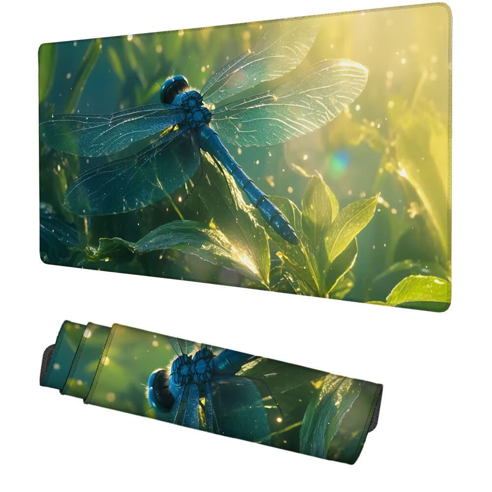 Dragonfly Mauspad 1000x500x3mm, Mousepad Gaming Mauspad Grün (1) Mousepad XXL, Mouse Pad mit Vernähten Kanten und rutschfeste Gummibasis, Schreibtisch Zubehör, für Gaming Tastatur und Maus, f-358