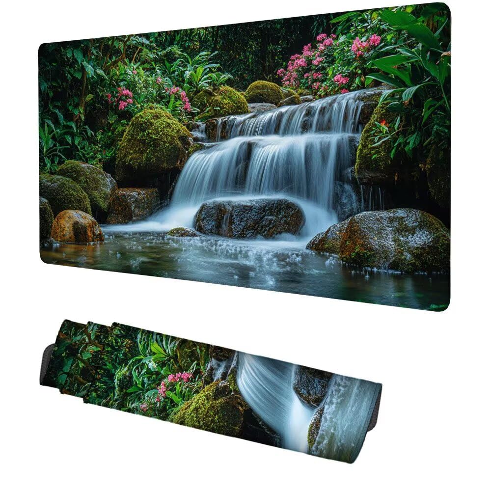 Wasserfall Mauspad 900x500x3mm, Mousepad Gaming Mauspad Landschaft Mousepad XXL, Mouse Pad mit Vernähten Kanten und rutschfeste Gummibasis, Schreibtisch Zubehör, für Gaming Tastatur und Maus, f-338
