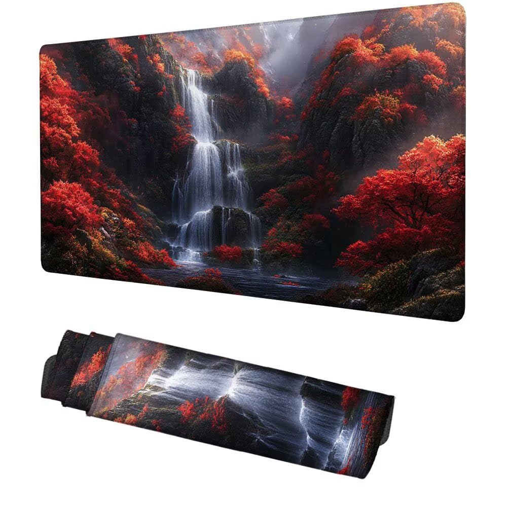 Wasserfall Mauspad 1000x500x3mm, Mousepad Gaming Mauspad Pflanze Mousepad XXL, Mouse Pad mit Vernähten Kanten und rutschfeste Gummibasis, Schreibtisch Zubehör, für Gaming Tastatur und Maus, f-346