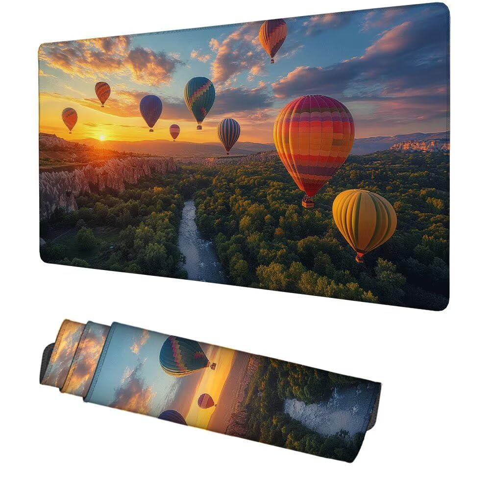 Heißluftballon Mauspad 900x500x3mm, Mousepad Gaming Mauspad Landschaft Mousepad XXL, Mouse Pad mit Vernähten Kanten und Gummibasis, Schreibtisch Zubehör, für Gaming Tastatur und Maus, f-360
