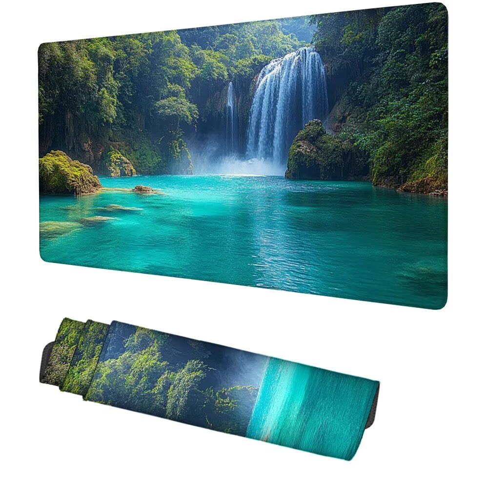 Wasserfall Mauspad 900x500x3mm, Mousepad Gaming Mauspad Grün Mousepad XXL, Mouse Pad mit Vernähten Kanten und Rutschfeste Gummibasis, Schreibtisch Zubehör, Maus Pad für Gaming Tastatur und Maus, f-342